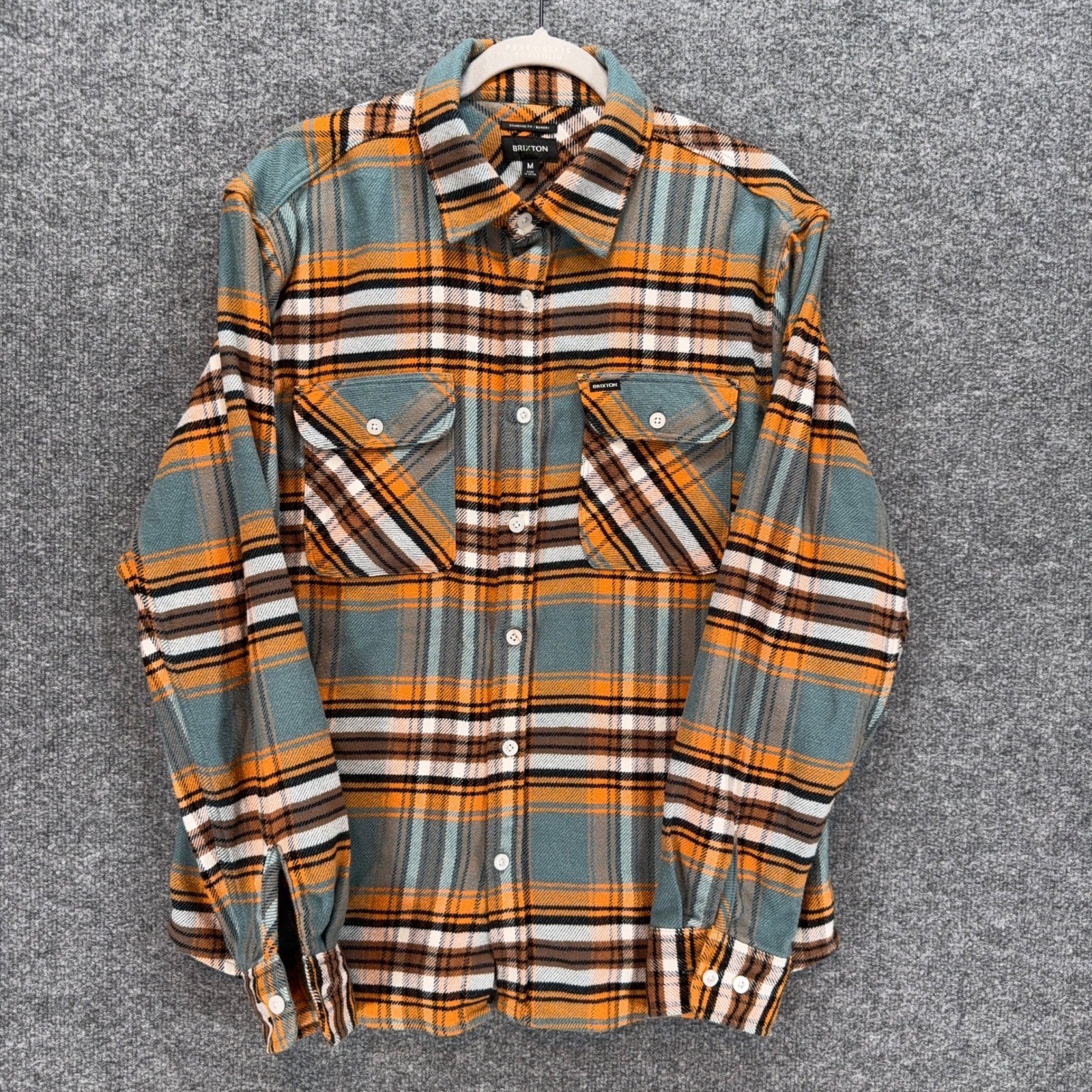 Brixton Bowery Flannel Shirt Mens Medium Orange Plaid Button Down Long Sleeve