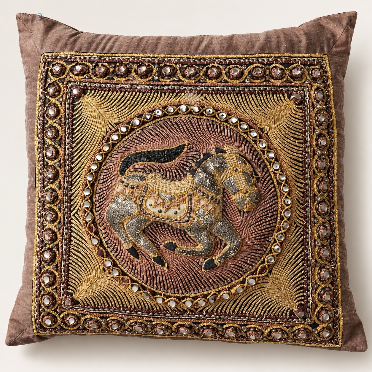 Vintage Equestrian Horse Pillow Hand Embroidered Beaded Sequin Silk Maximalist