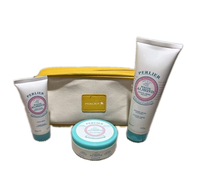 PERLIER White Almond 3-Piece Bath & Body Gift Set Cosmetic Bag NEW
