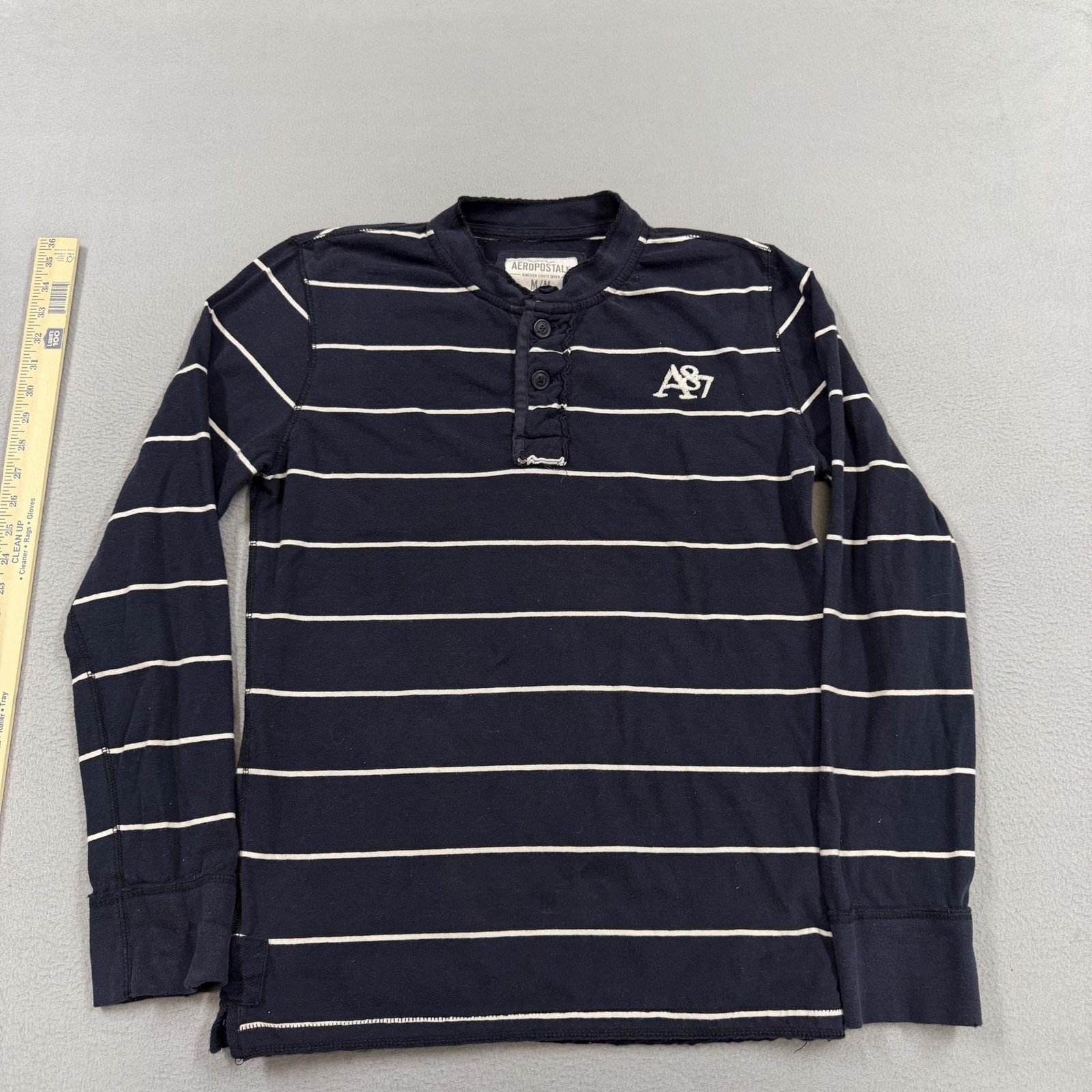 Vintage Aeropostale Shirt Mens Medium Blue Stripe Long Sleeve Henley Tee A87