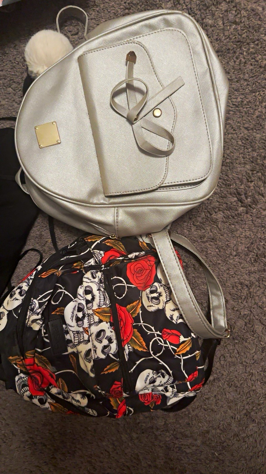 Lot of 2 Small Mini Backpacks/Handbags Silver Pom Pom Charm & Black Skull Zip Lot of 2 Small Mini Backpacks/Handbags Silver Pom Pom Charm & Black Skull Zip
