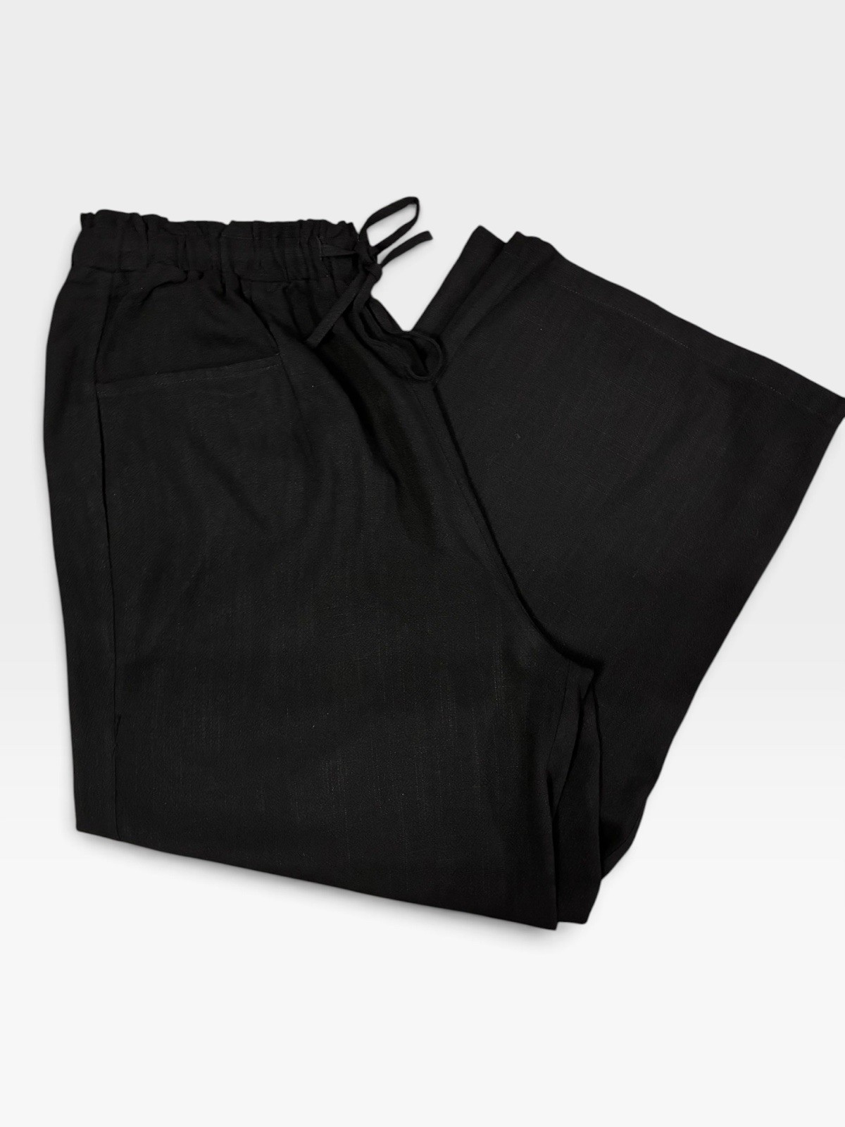 Black Linen Blend Size Large Wide Leg Drawstring Casual Relaxed Cropped Pants