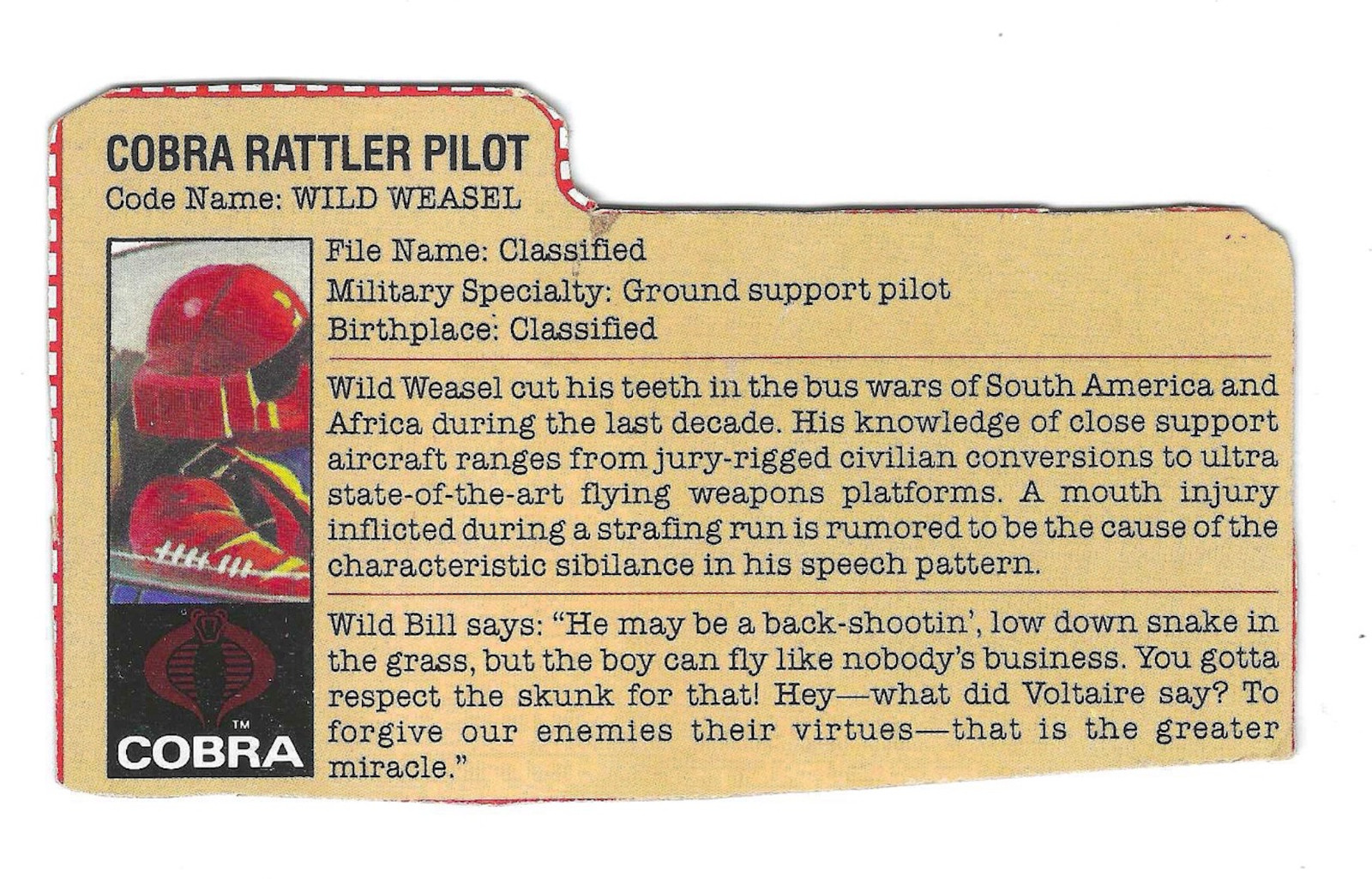 1984 Vintage G.I. Joe COBRA RATTLER PILOT (Code Name WILD WEASEL) Filecard Only 1984 Vintage G.I. Joe COBRA RATTLER PILOT (Code Name WILD WEASEL) Filecard Only