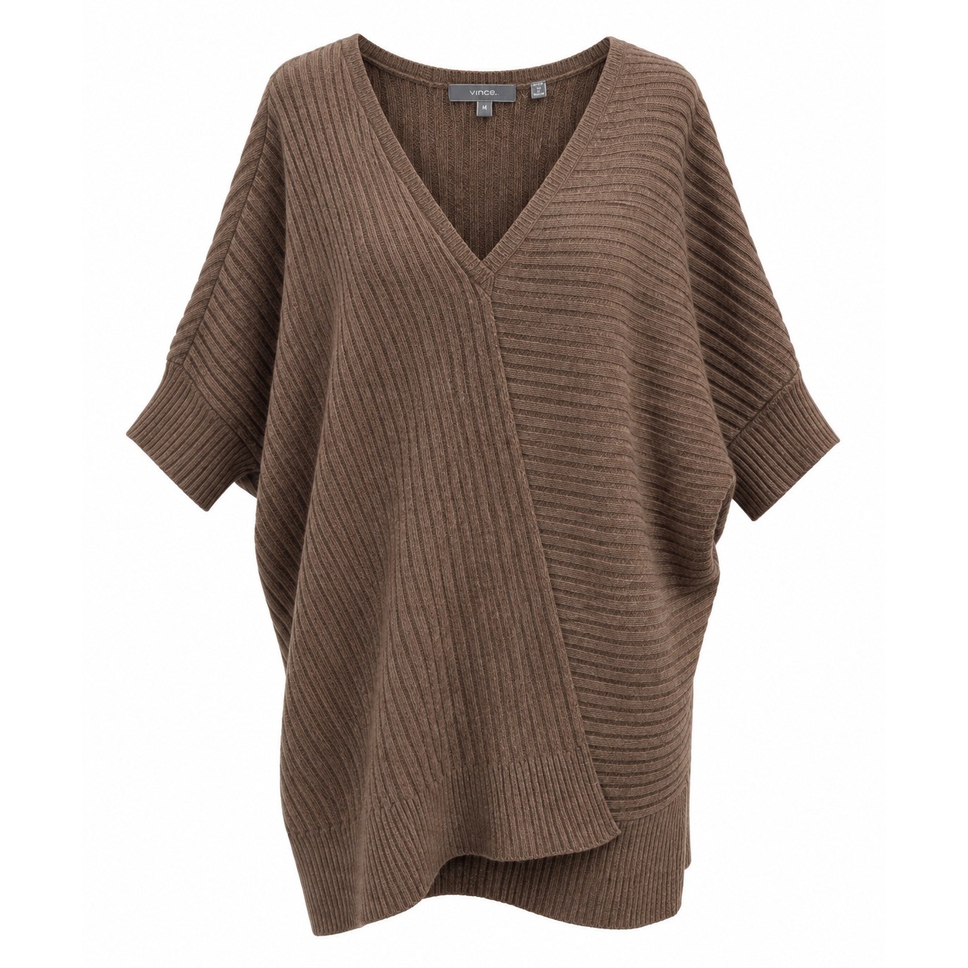 Vince Batwing Cocoon Sweater Brown Yak Wool Ribbed V-Neck Draped Front M