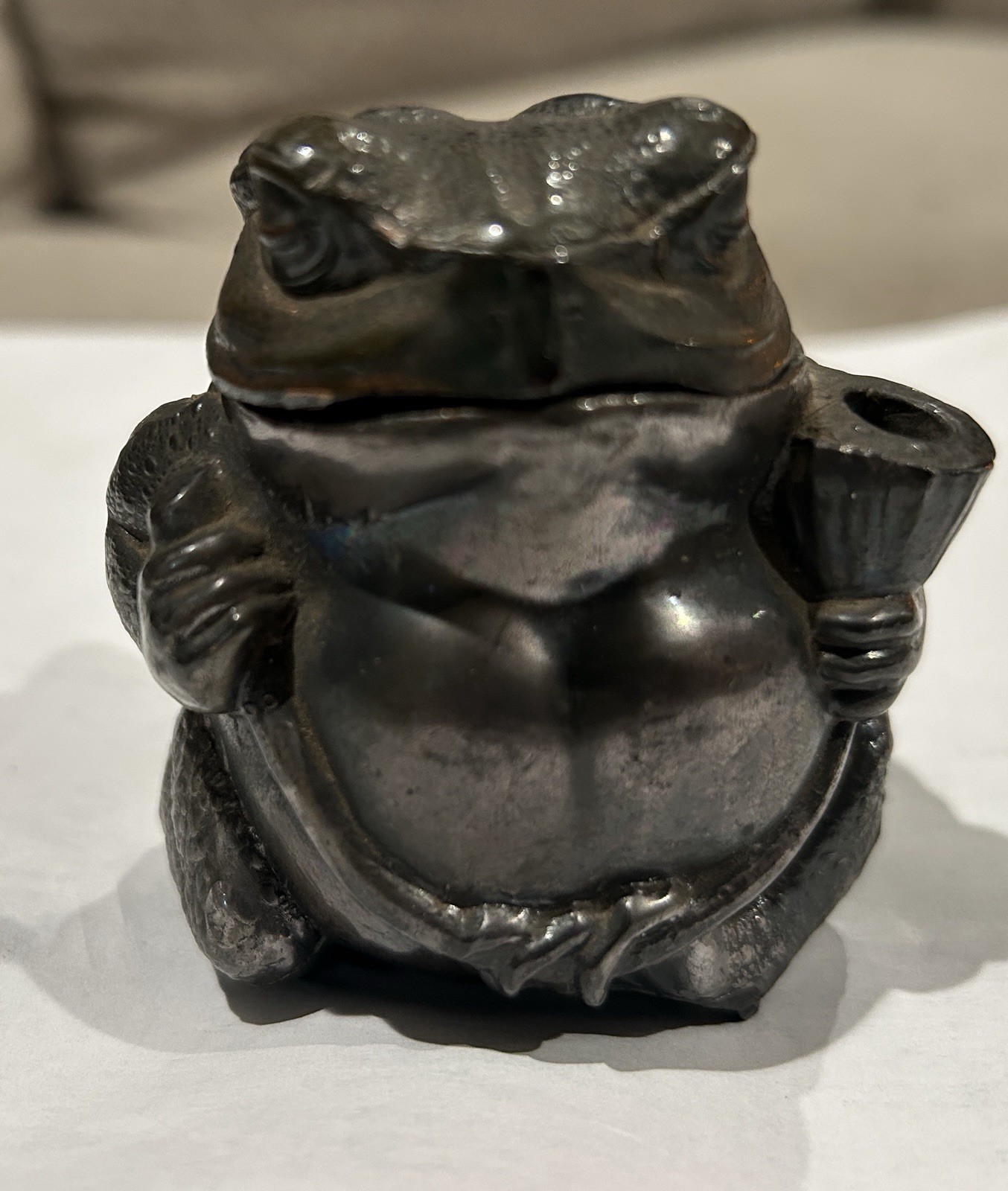 Antique Austrian Bronze Frog Ink Well With Original Glass Toad Smoking Pipe #613