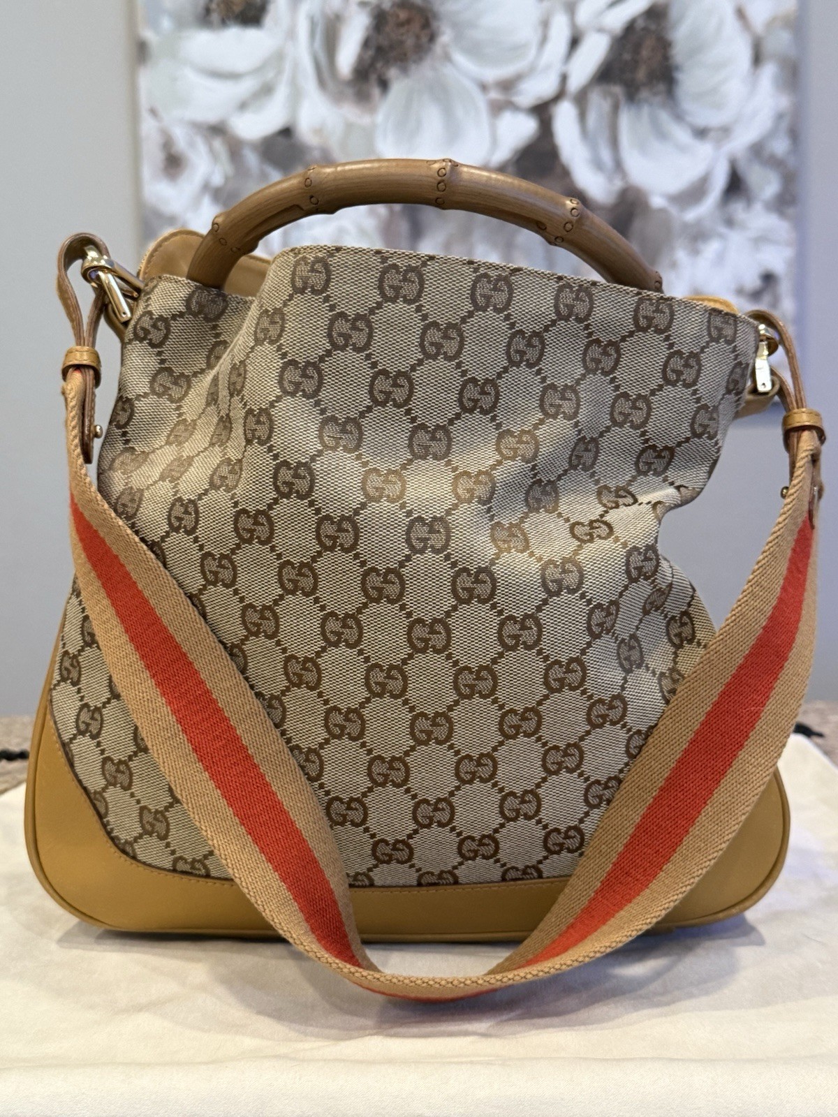 Authentic Gucci GG Bamboo Accent Top Handle with Bag Strap