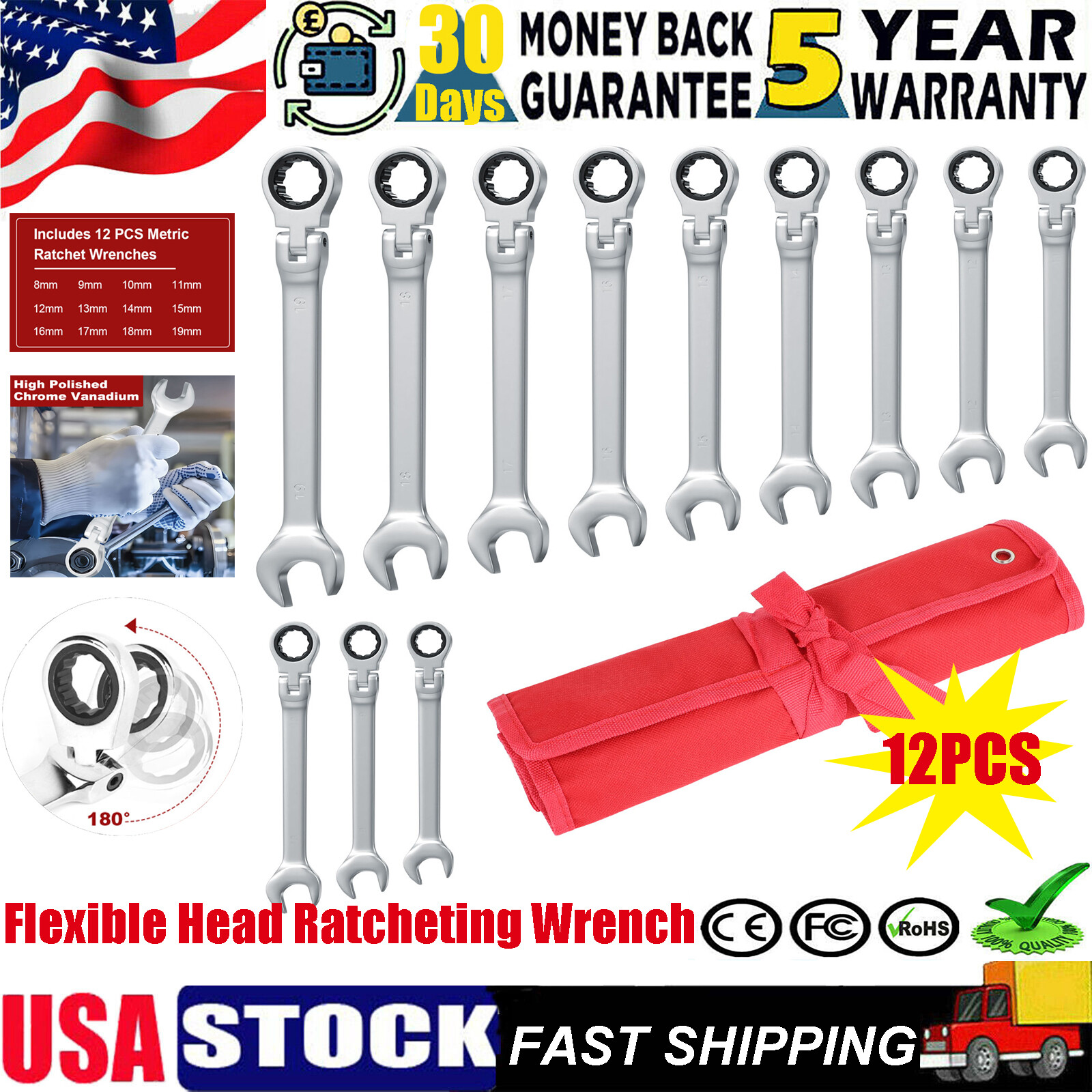 12Pc 8-19mm Metric Flexible Head Ratcheting Wrench Combination Spanner Tool Set