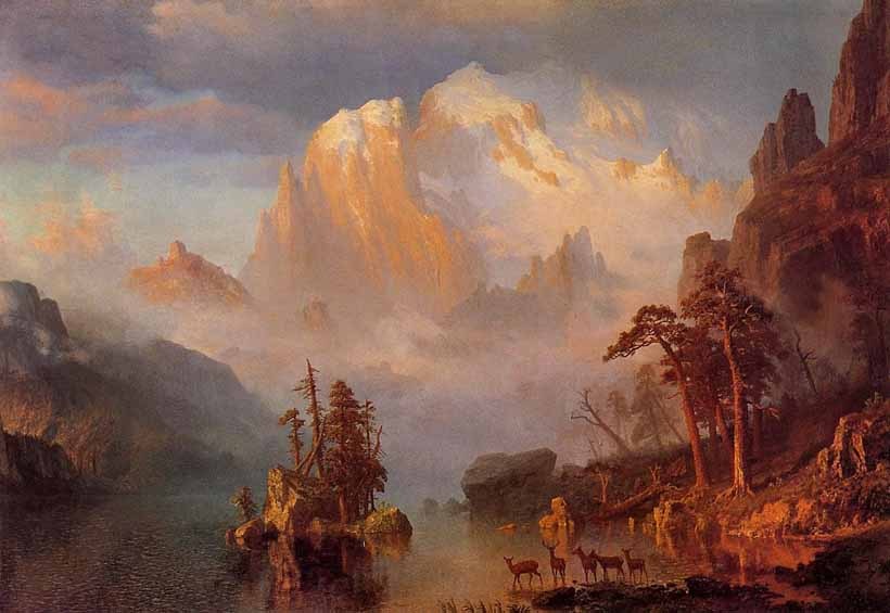 Oil painting Albert Bierstadt - Rocky Mountain & deer by lake in sunset rivers