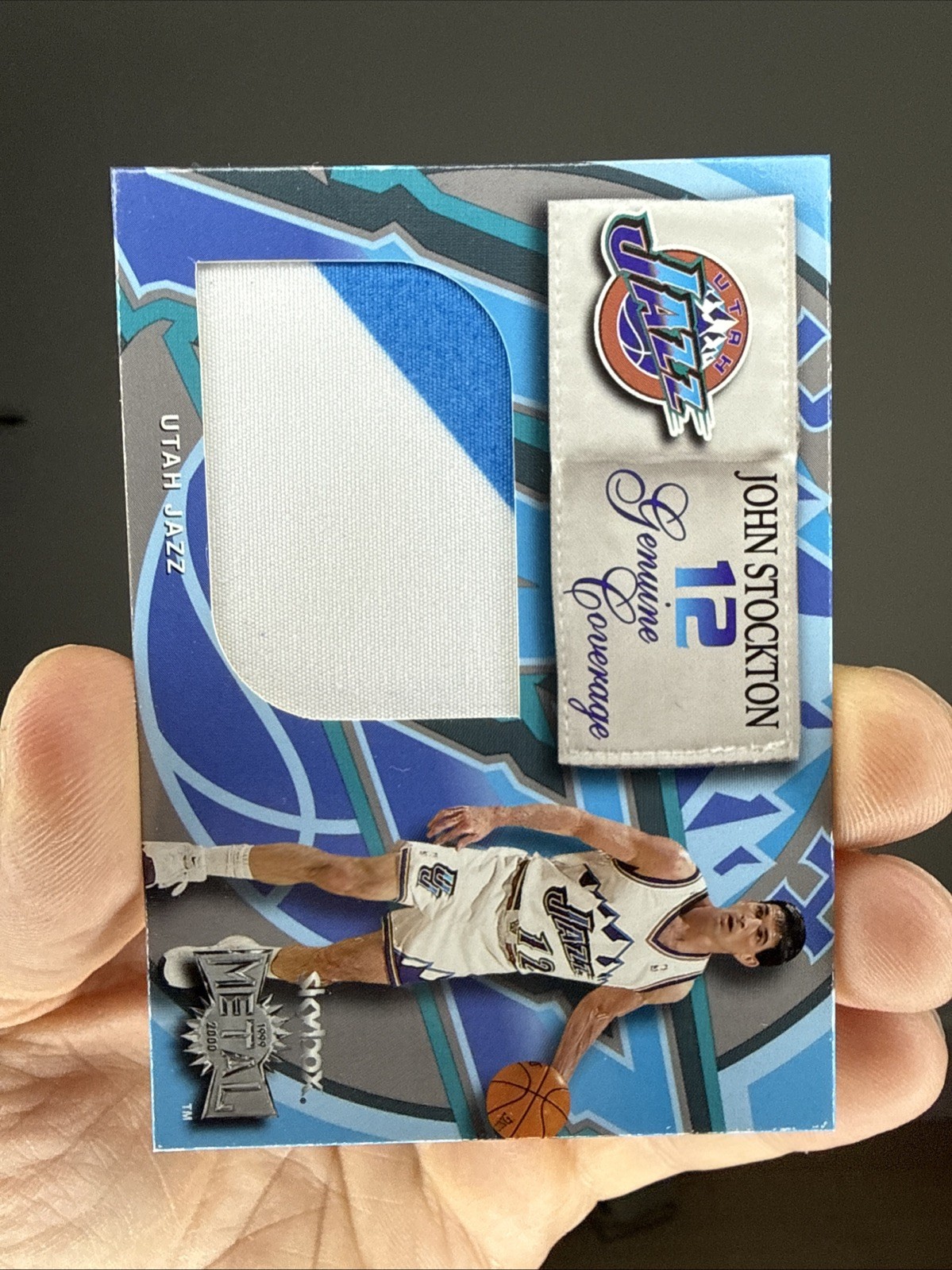 1999-2000 Skybox Metal Genuine Coverage John Stockton Game Worn 2 Color Patch 1999-2000 Skybox Metal Genuine Coverage John Stockton Game Worn 2 Color Patch