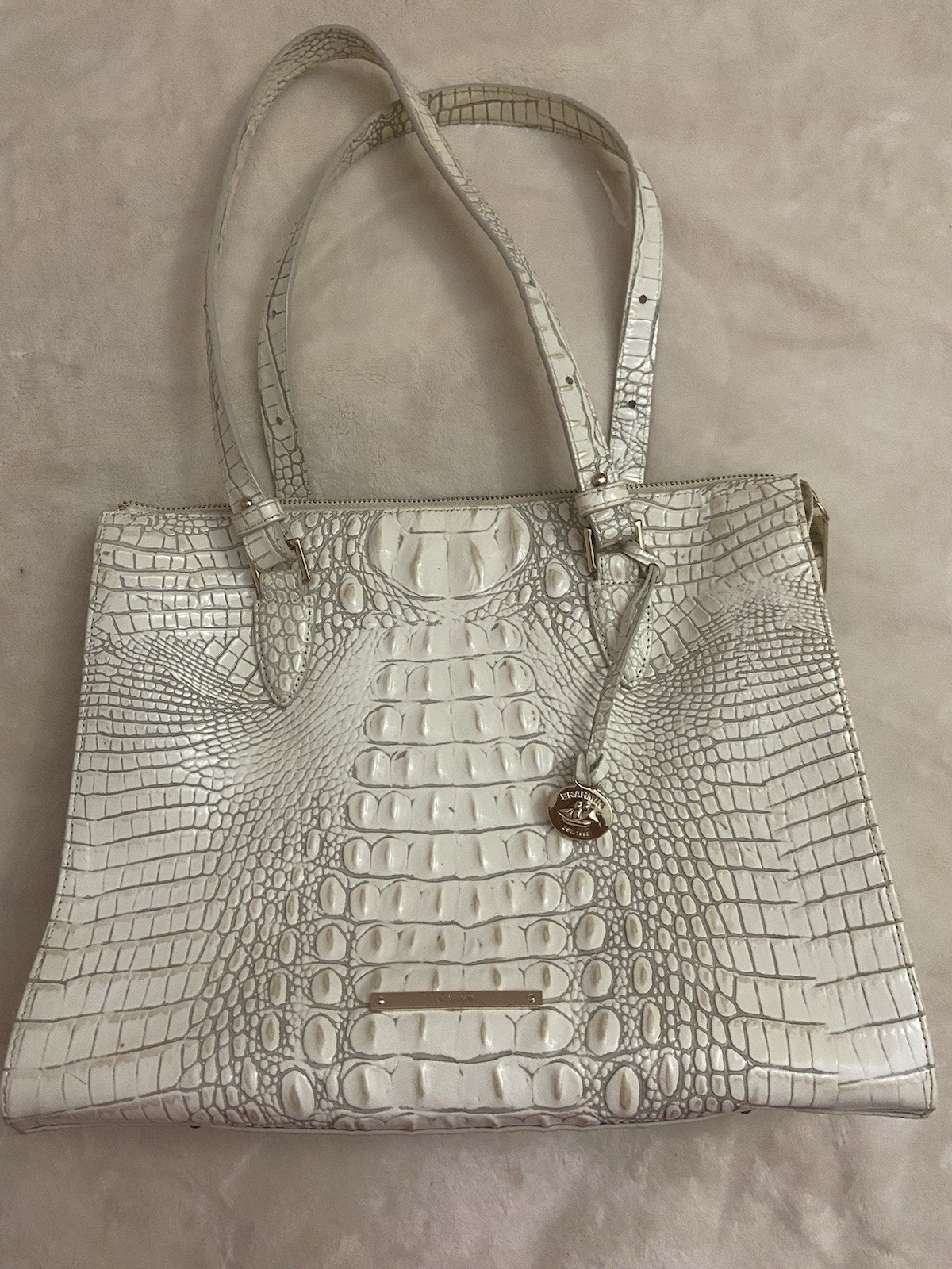 Brahmin Croc Embossed Zip Top Tote Bag Gold Hardware Charm Medium w/ Pockets