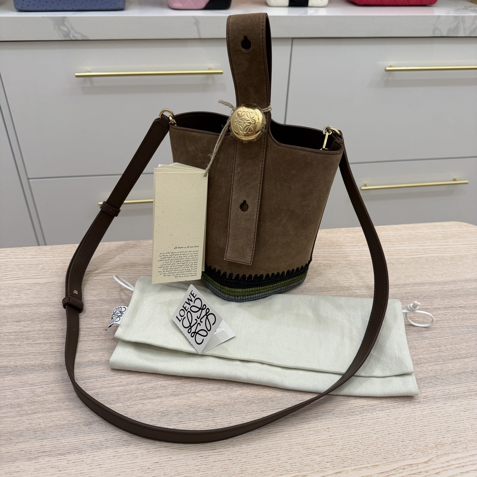 $2,500 BNWT LOEWE x Paula\'s Ibiza Mini Pebble Suede & Raffia Bucket Bag $2,500 BNWT LOEWE x Paula\'s Ibiza Mini Pebble Suede & Raffia Bucket Bag