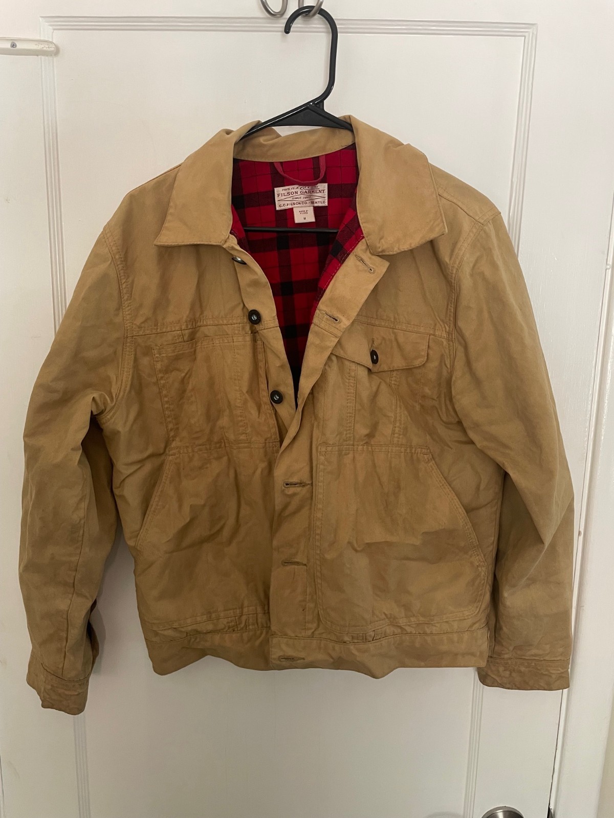 Filson Short Cruiser Jacket Tin Cloth Waxed Plaid Lined Tan USA Medium