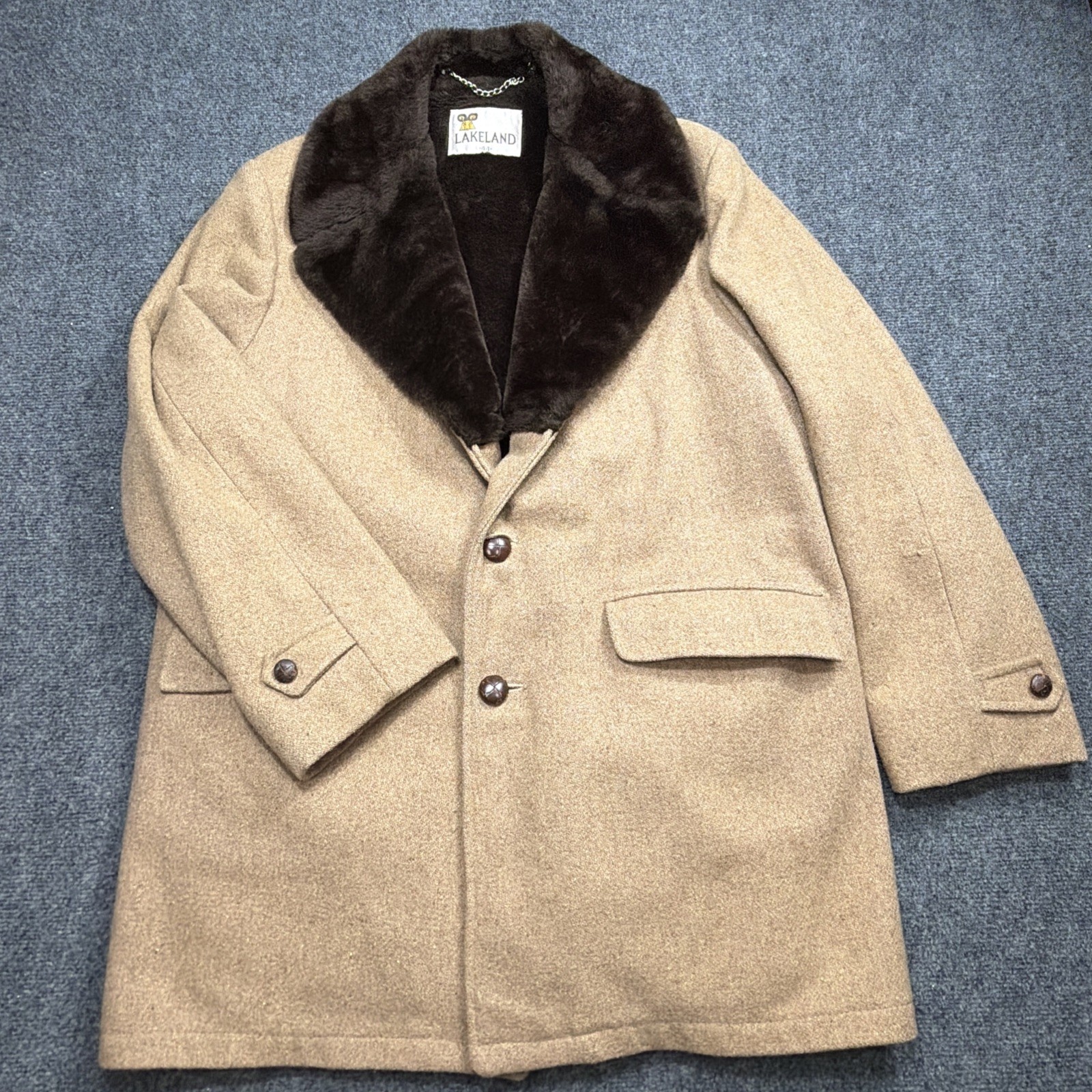 VTG 70s LAKELAND Men\'s Wool Car Coat with Faux Fur Collar & Sherpa/Pile Liner