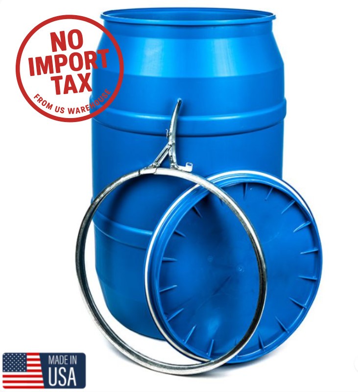 55 Gallon Blue Plastic Drum - Open Head - UN Rated - Lever Lock
