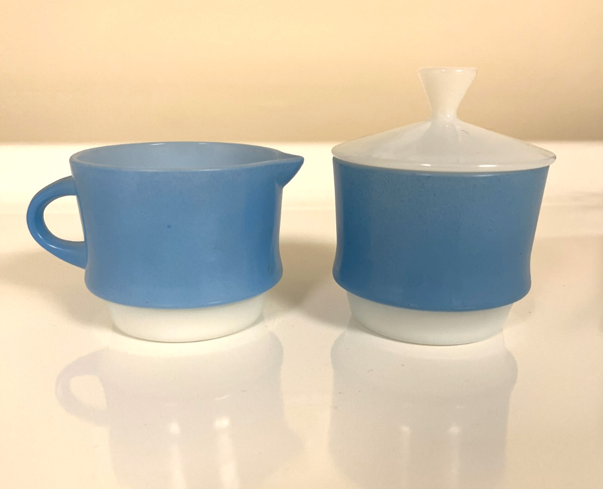 Vintage Fire King Sky Blue Mosaic Stackable Creamer and Sugar Bowl Set Lid 1960s