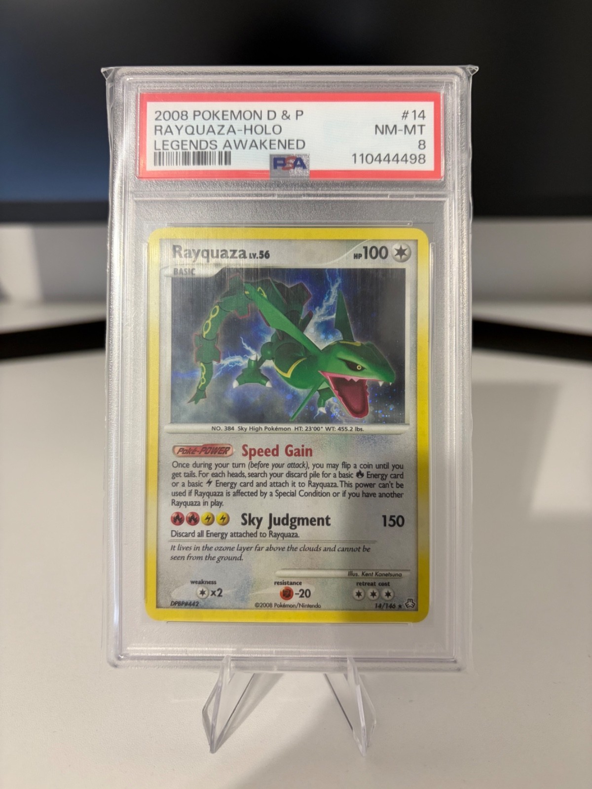 2008 LEGENDS AWAKENED #14 RAYQUAZA-HOLO PSA 8 + BIG SWIRL