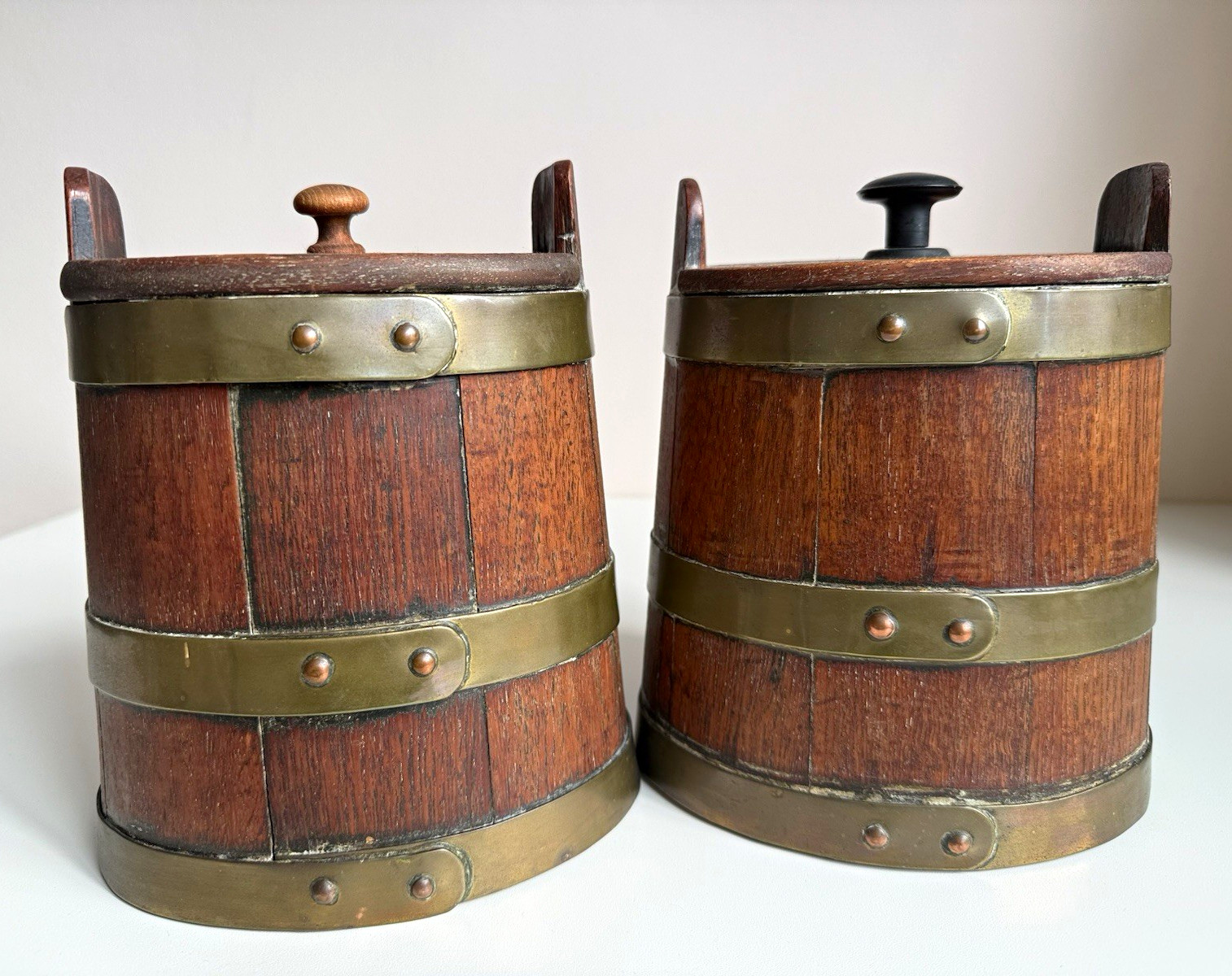 Pair Antique Oval Wood Oak English Brass Banded Caddy Tobacco Jar Biscuit Barrel Pair Antique Oval Wood Oak English Brass Banded Caddy Tobacco Jar Biscuit Barrel