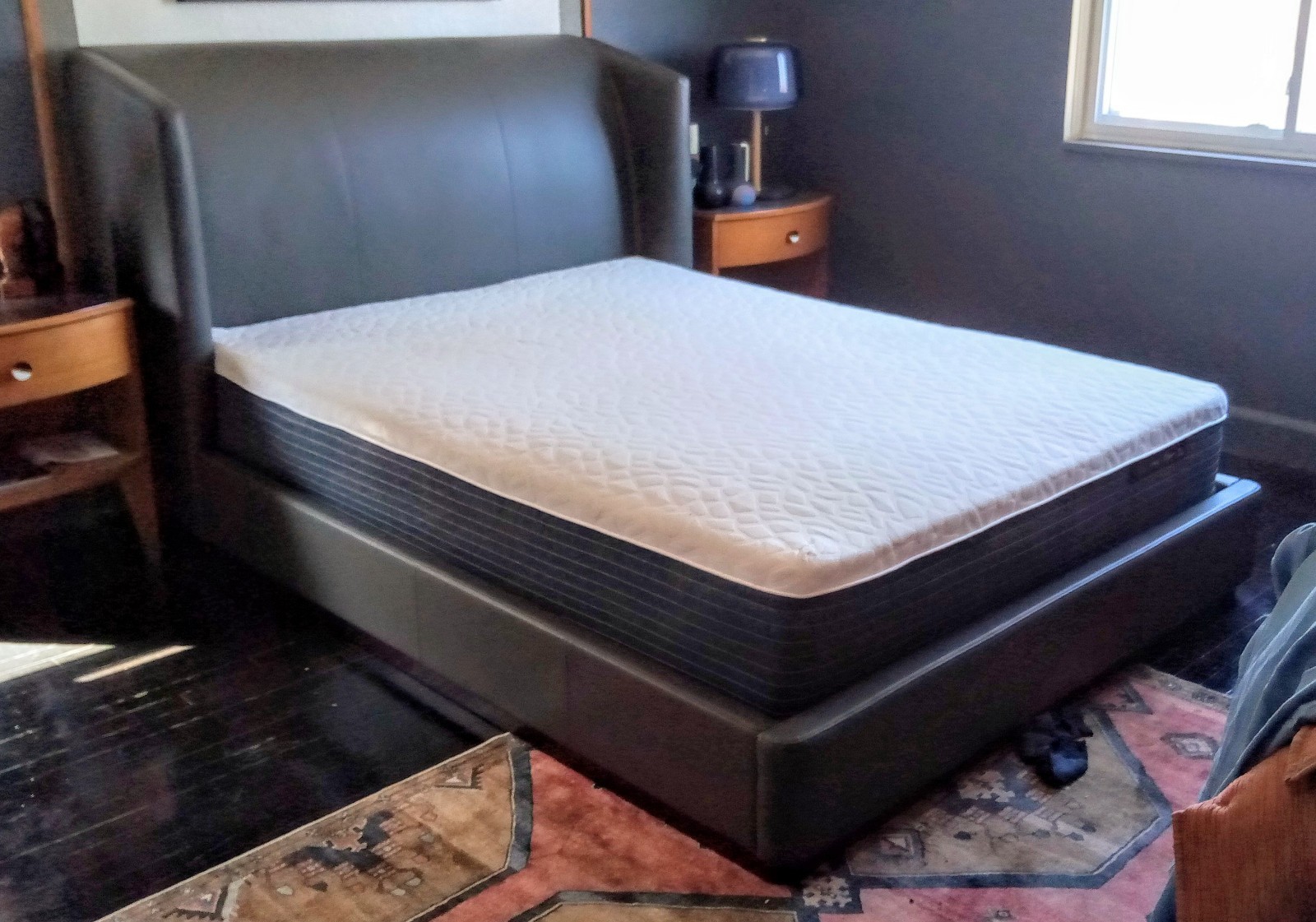 Manhattan Comfort Lenyx Vegan Leather Queen Size Bed Frame in Graphite Gray