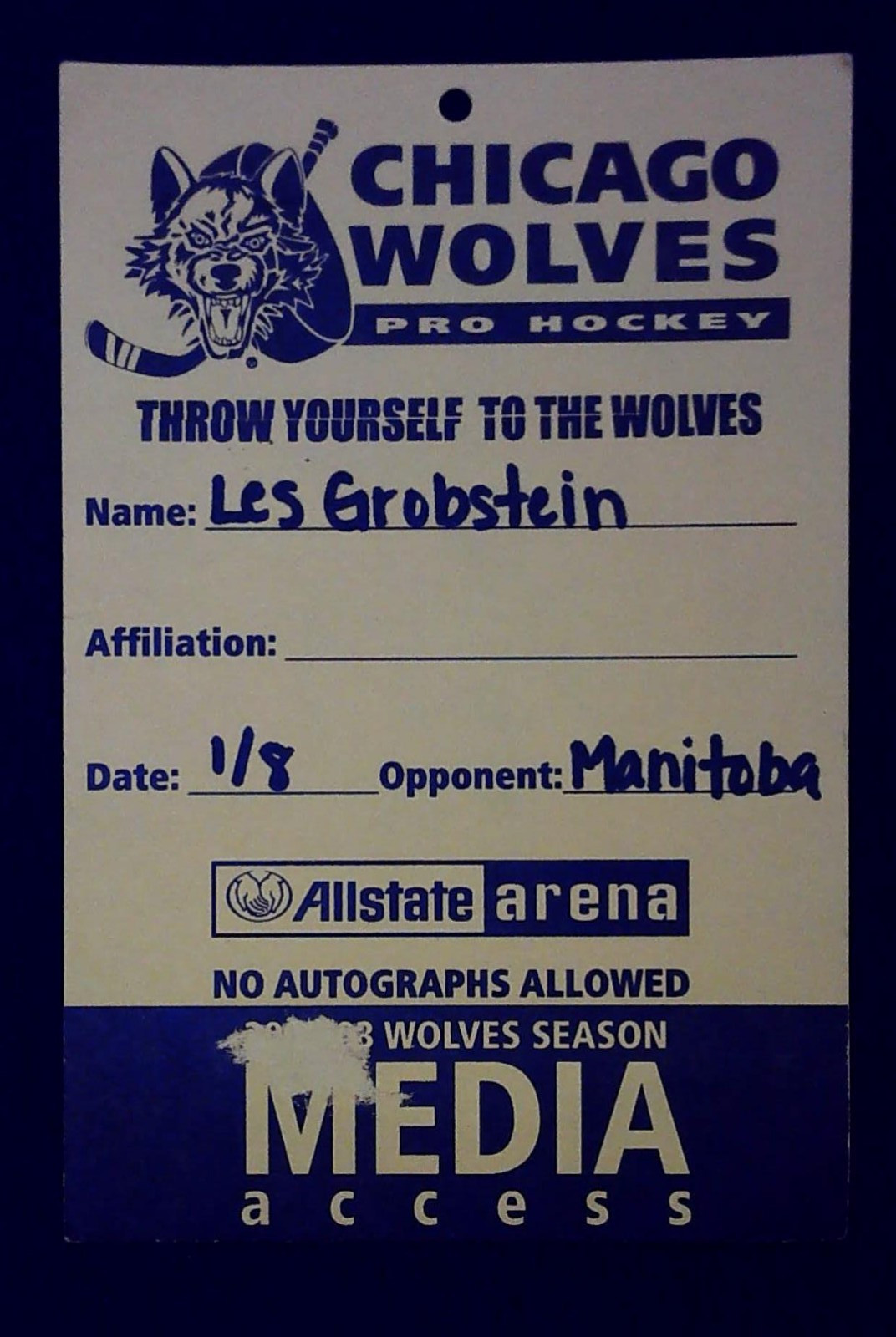 Chicago Wolves Media Access Pass Ticket Manitoba Moose Allstate Arena 1/8/2008 Chicago Wolves Media Access Pass Ticket Manitoba Moose Allstate Arena 1/8/2008
