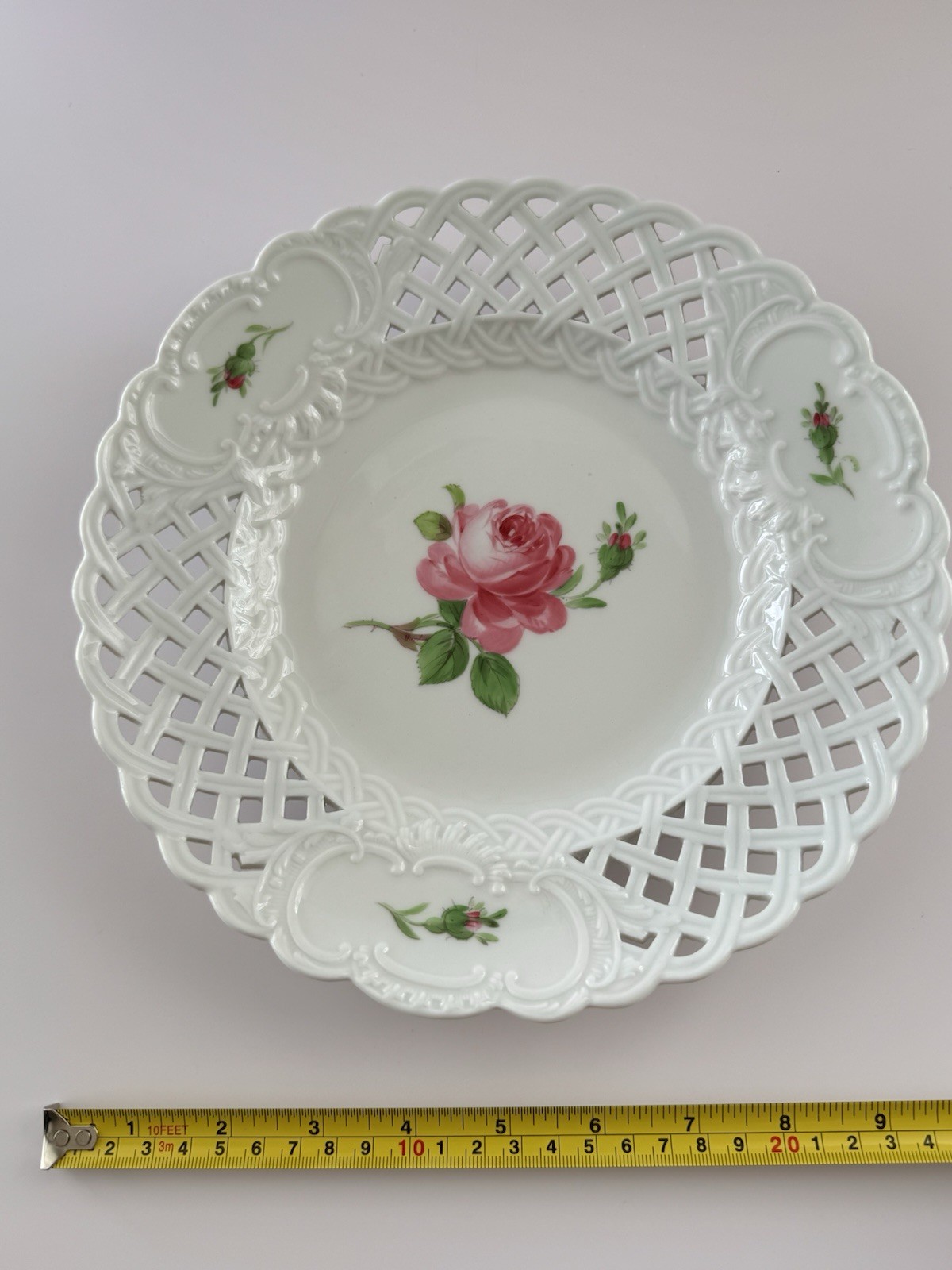 Vintage Meissen Reticulated Porcelain Plate - Pink Rose Pattern | Crossed Swords