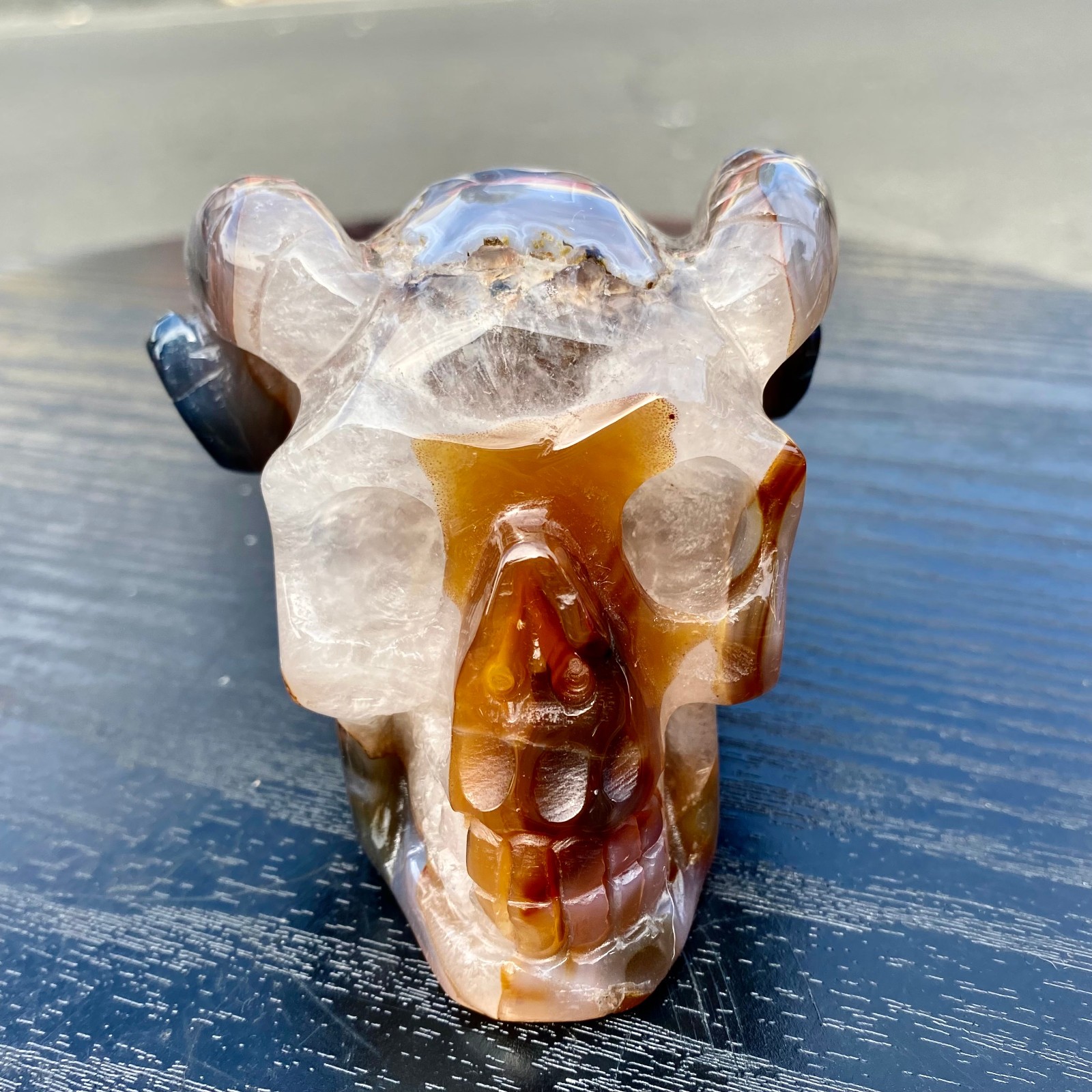 450G Natural Druzy Agate Geode Ram Skull With Curved Horns Vintage Gothic Healin