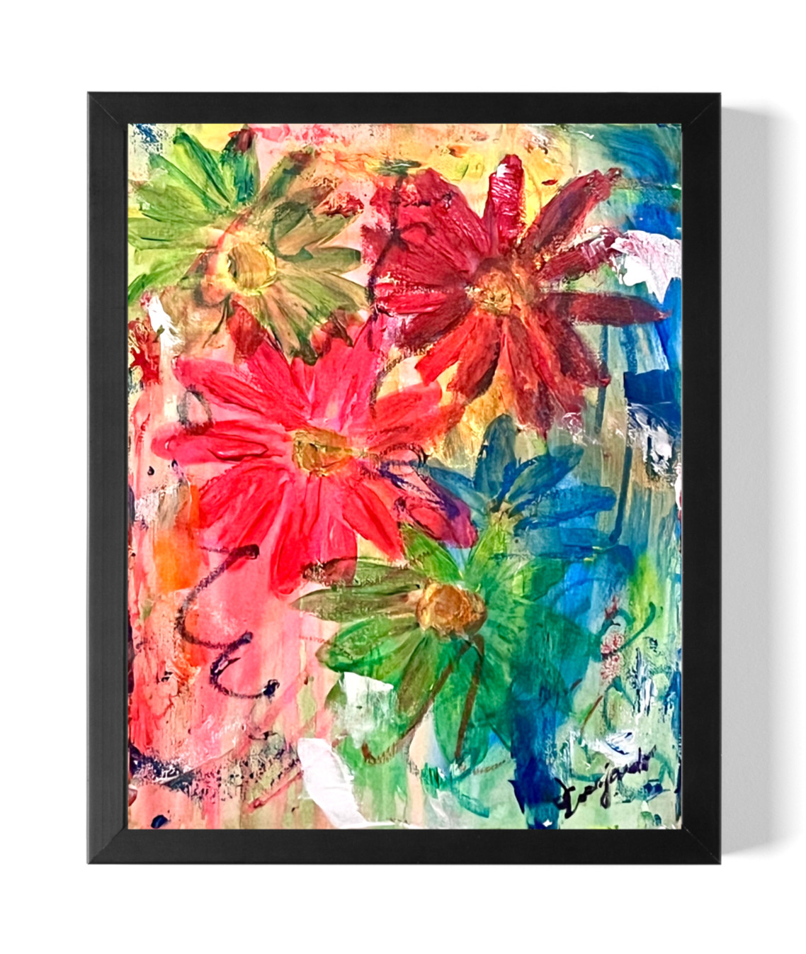 Guajardo Art Original 14x11 Expressionist Neon Flowers Canvas Home Decor