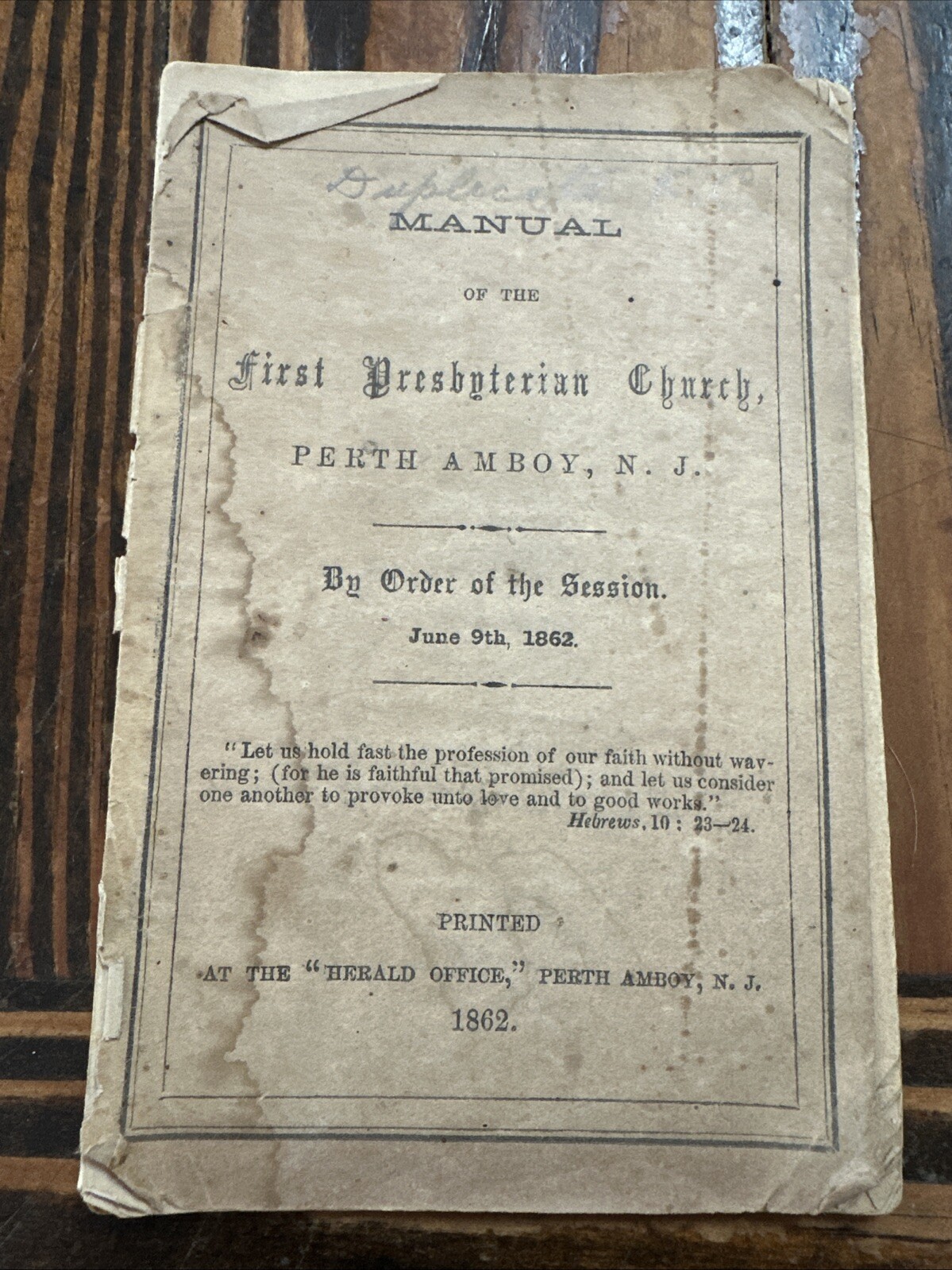 First Presbyterian Church in Perth Amboy NJ Manual Printed 1862