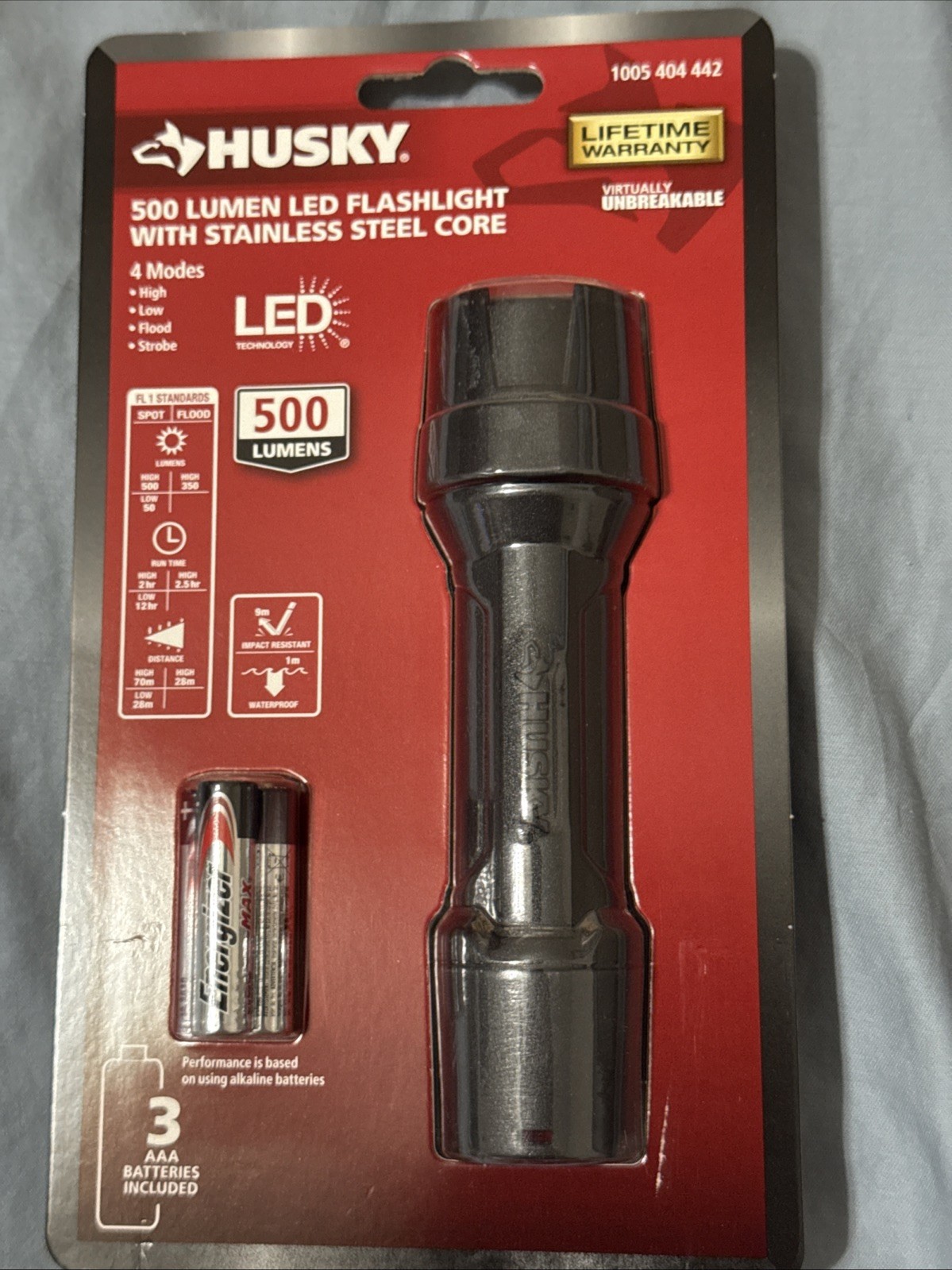 HUSKY LED Flashlight, Stainless Steel Core, 500 Lumens Batteries Included HUSKY LED Flashlight, Stainless Steel Core, 500 Lumens Batteries Included