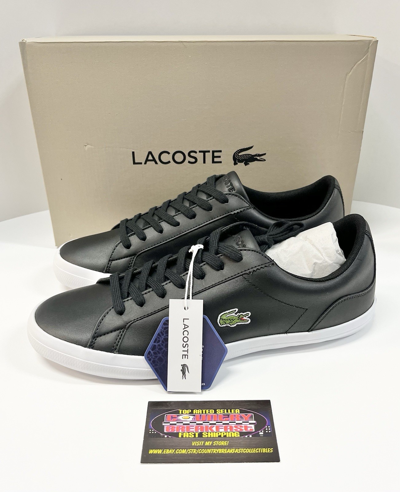 Lacoste Lerond Black Leather Crocodile Sneakers Low Top Mens Size 10.5 - New