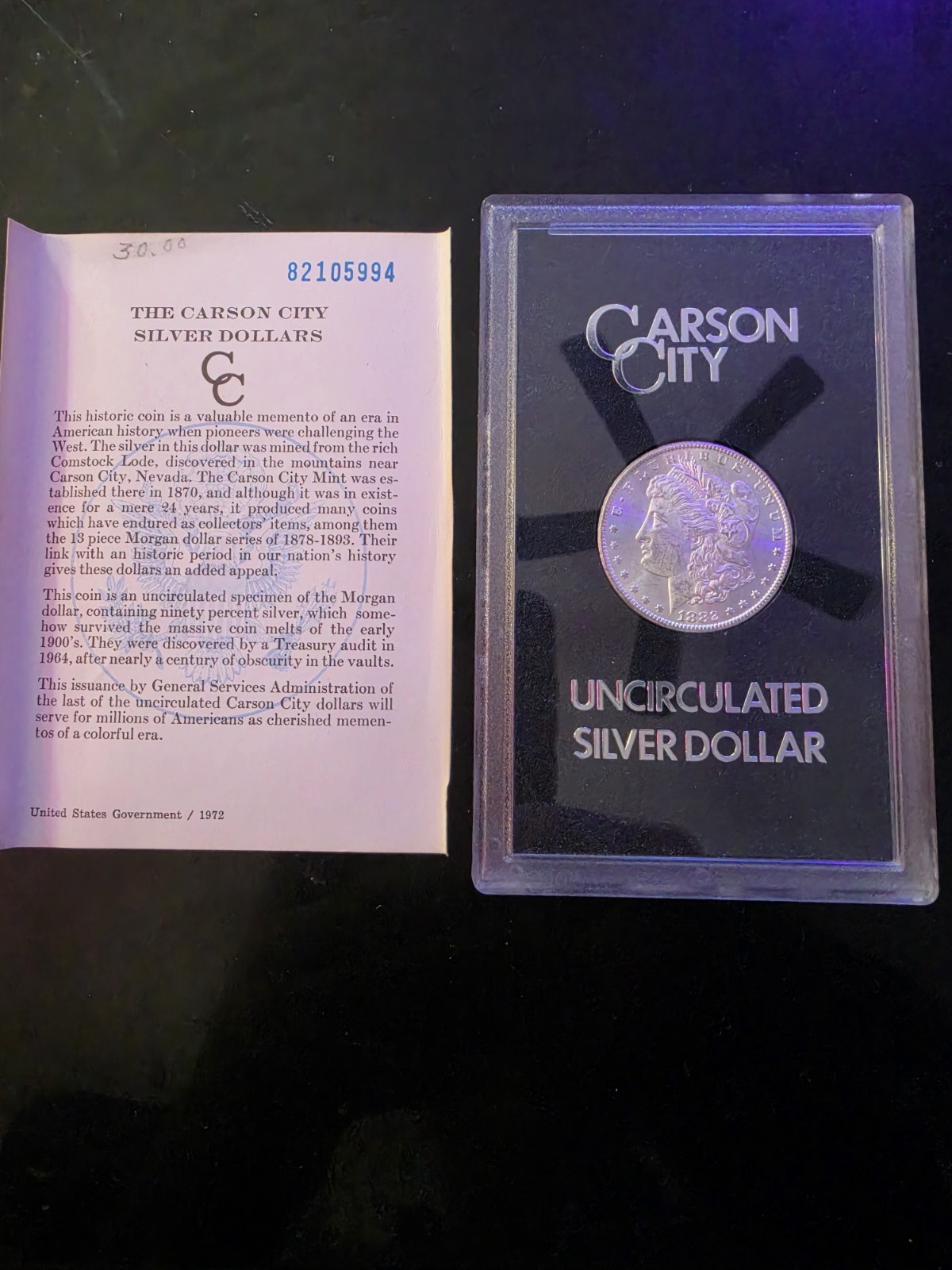 1882 Morgan Silver Dollar Carson City w/ Box and COA 