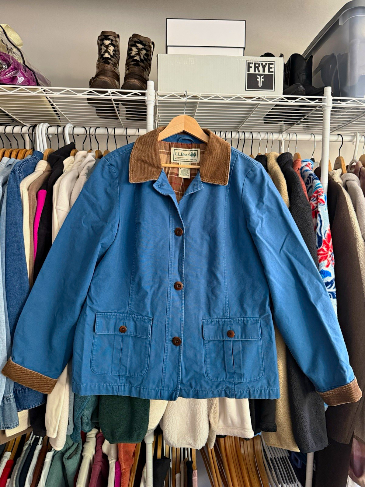 EUC LL Bean Adirondack Womens Barn Coat Chore Jacket Blue Flannel Lined Large L