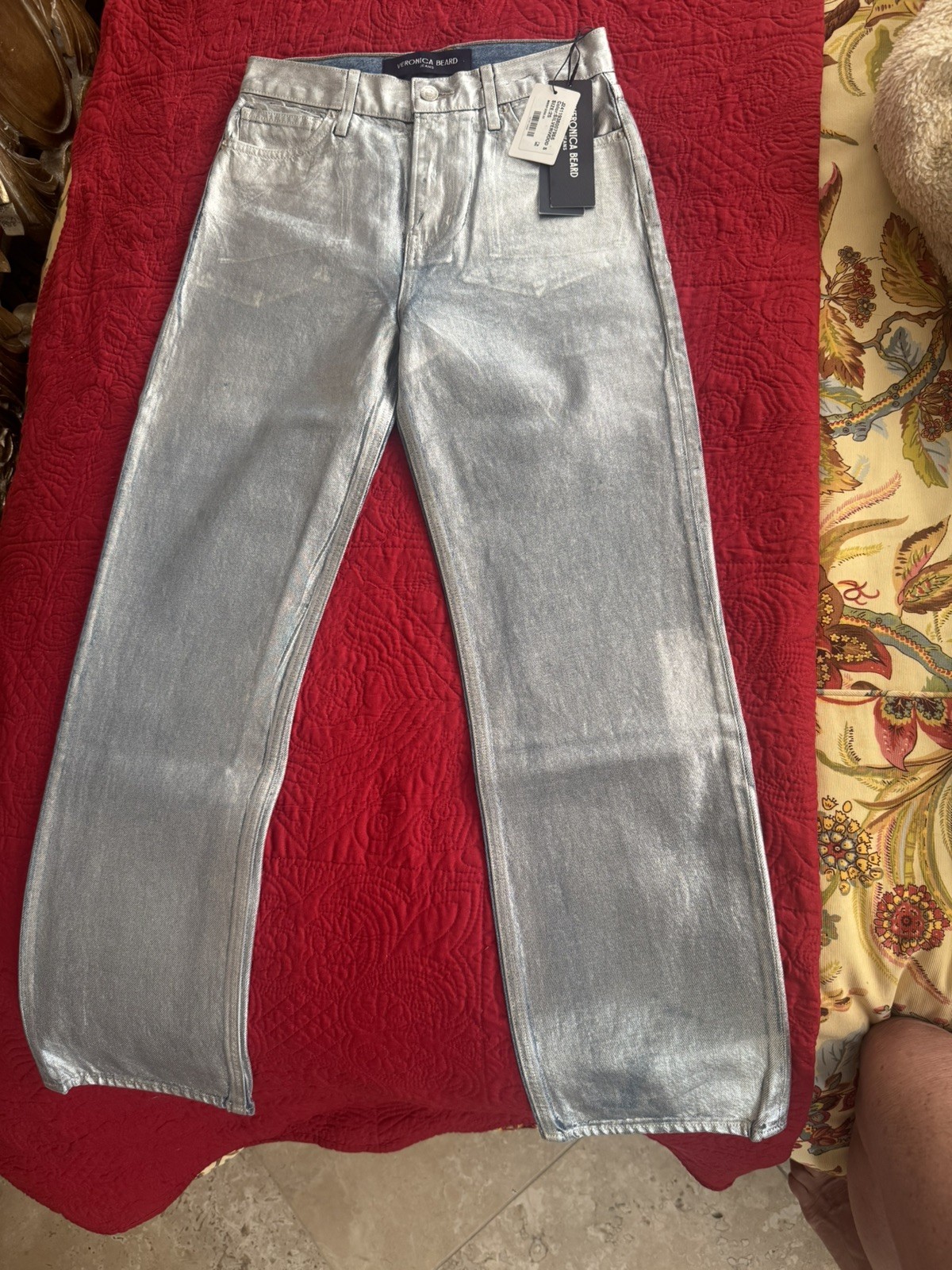 Veronica Beard Sz 25 Metallic Silver Coated Carson Ankle Flare High Rise Jeans