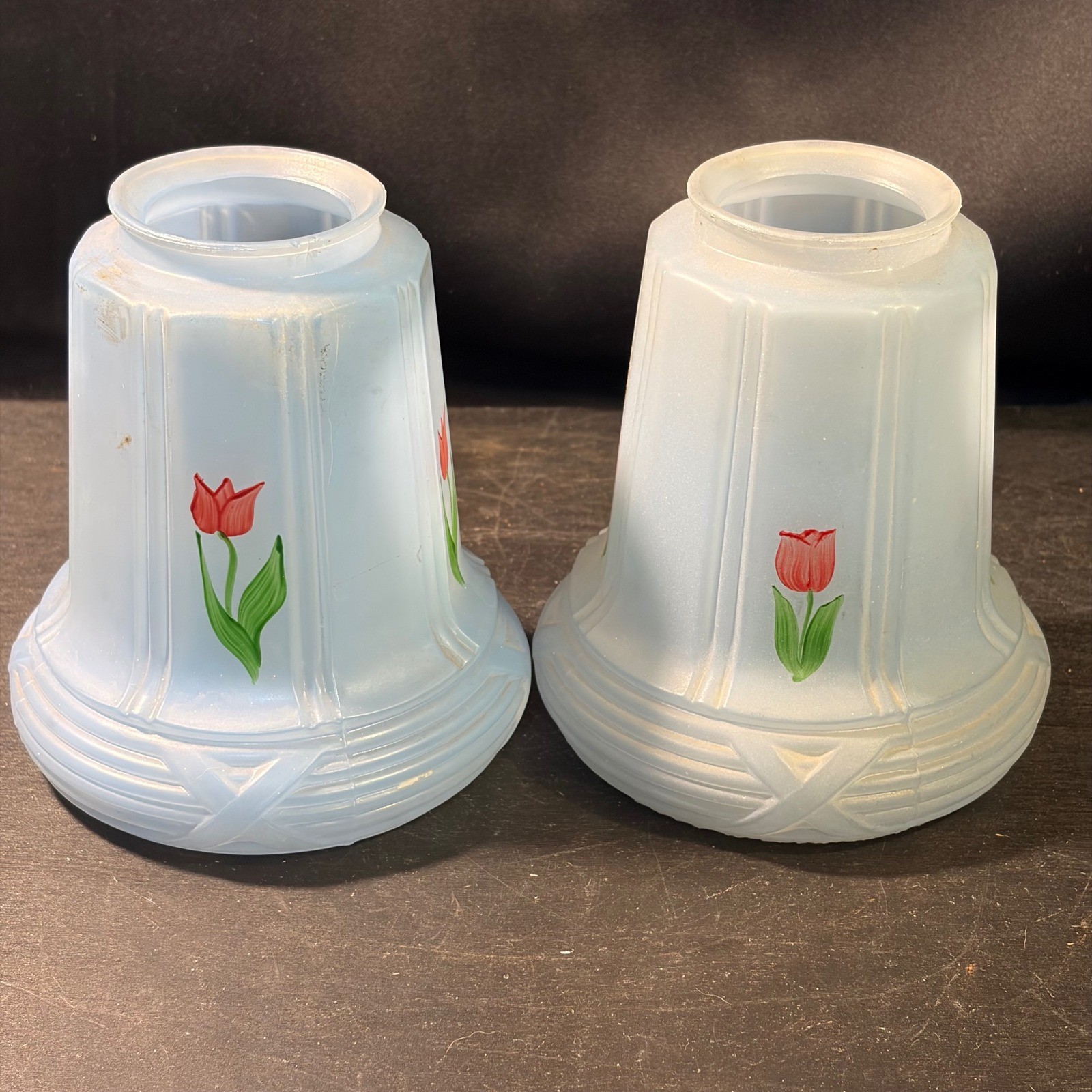 Vintage Frosted Blue Glass Lamp Shades Set of 2 Hand Painted Red Tulip 2.25 In