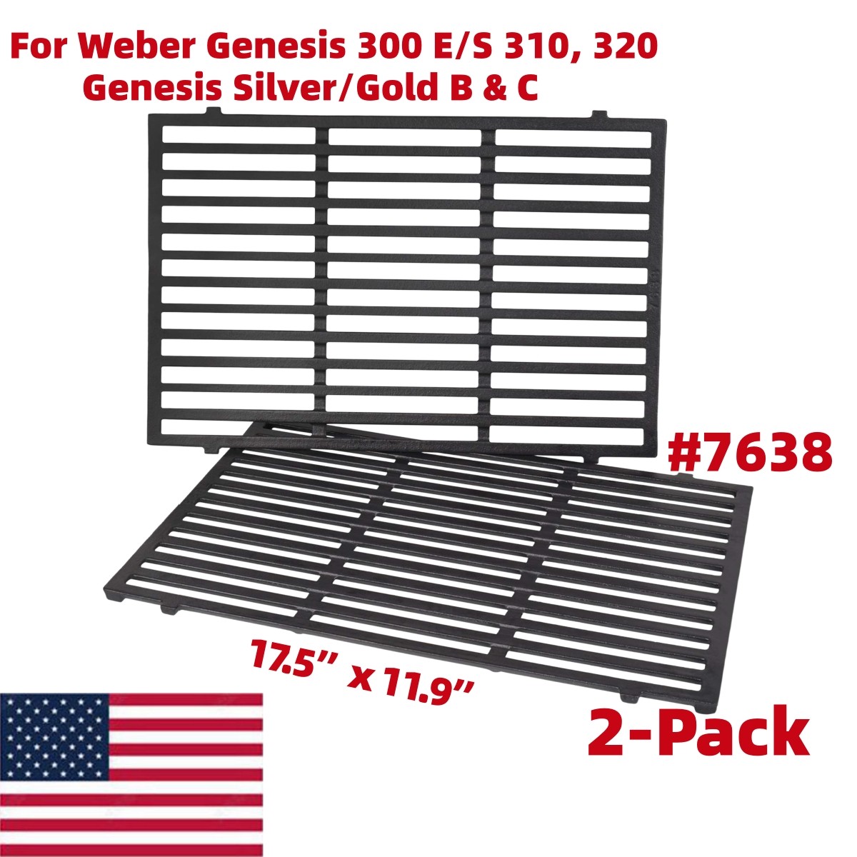 2-Pack 7638 Grill Grates for Weber Genesis Silver Gold B/C Cast Iron Replacement