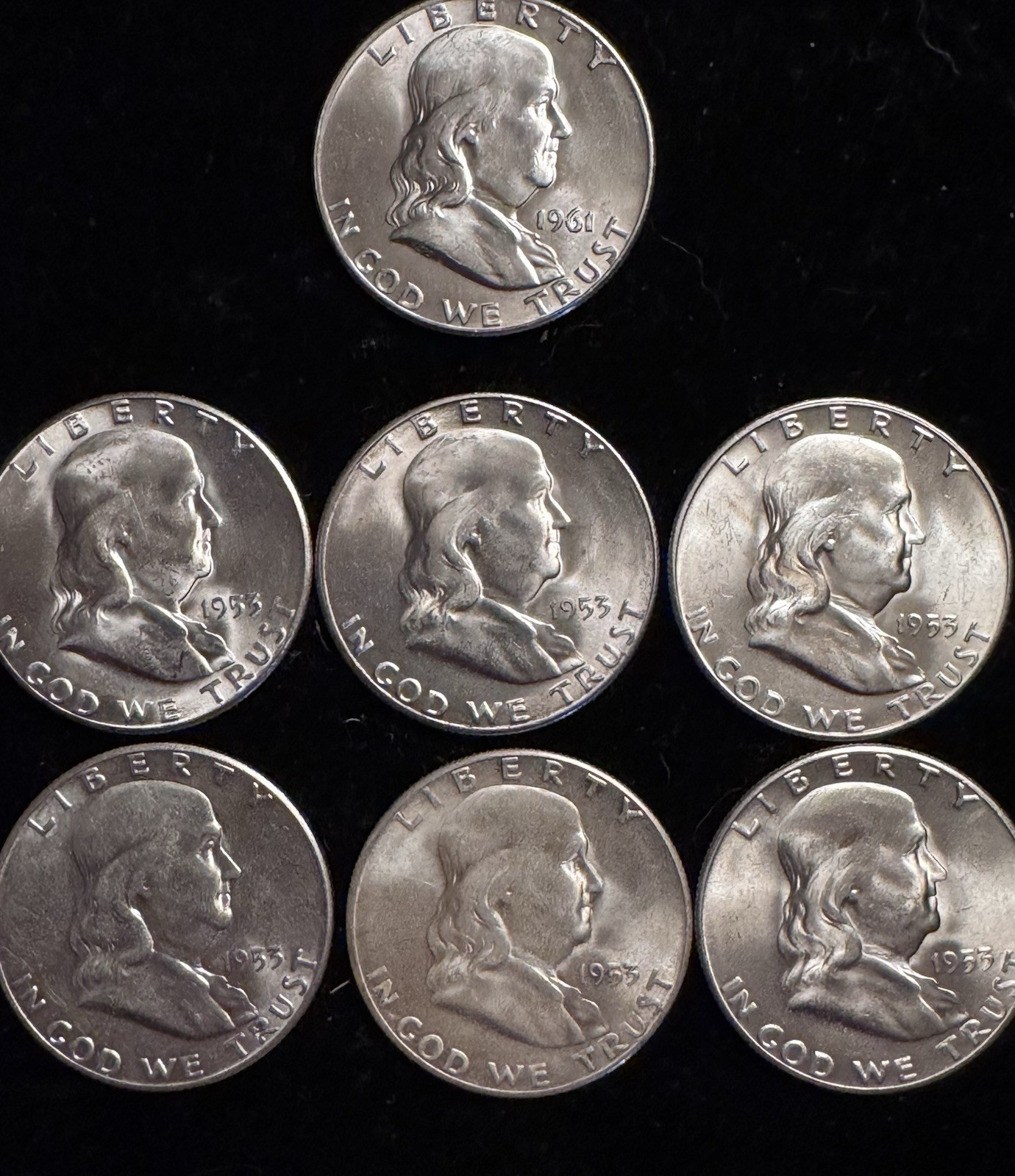 1953-S Franklin Half Dollar Choice to Gem BU Group Of 6 with & 1961-D 50¢ BU 1953-S Franklin Half Dollar Choice to Gem BU Group Of 6 with & 1961-D 50¢ BU