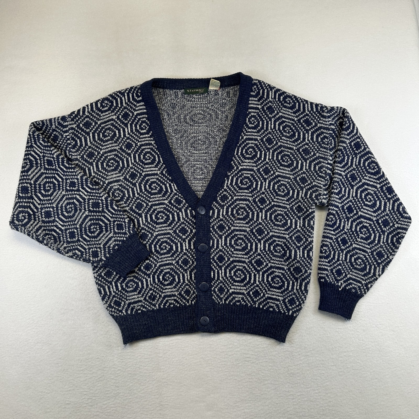 Vintage Stefano Cardigan Sweater Mens Small Blue Geometric Knit Button V-Neck