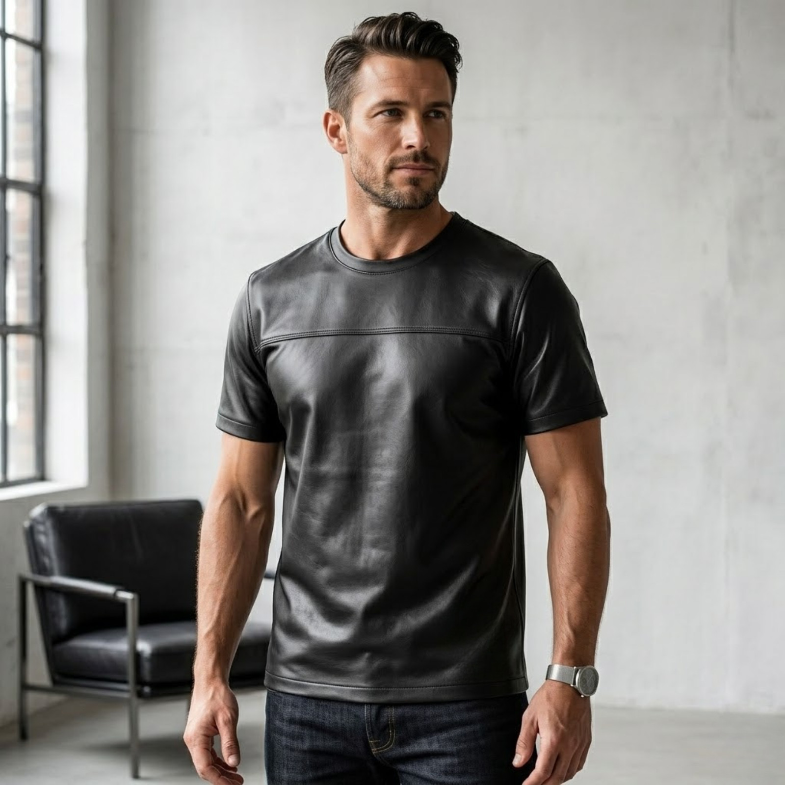 Men’s Genuine Leather T-Shirt Black Classic Leather