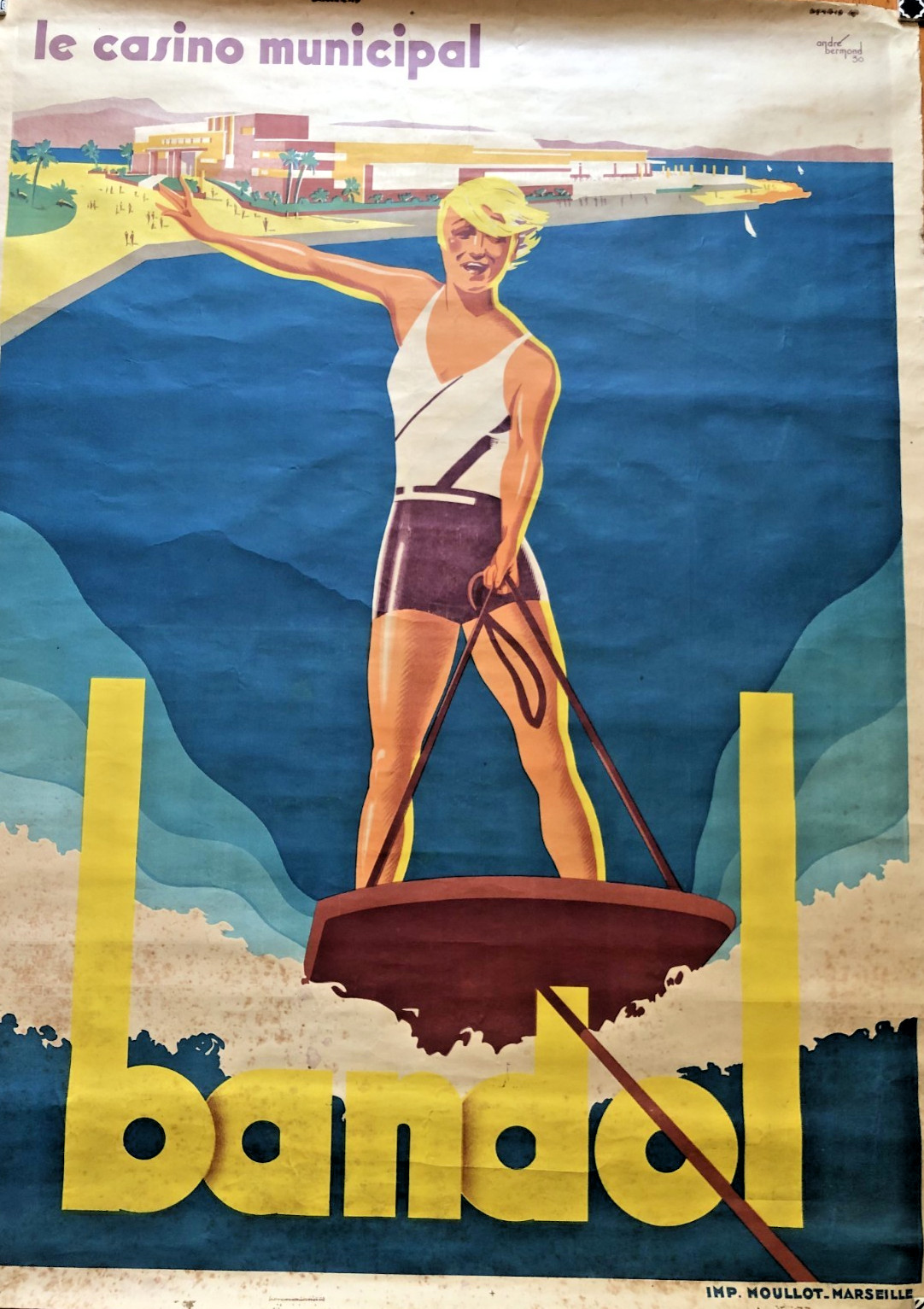 Original 1930 Bermond BANDOL 160x120cm French Art Deco Travel Poster Riviera