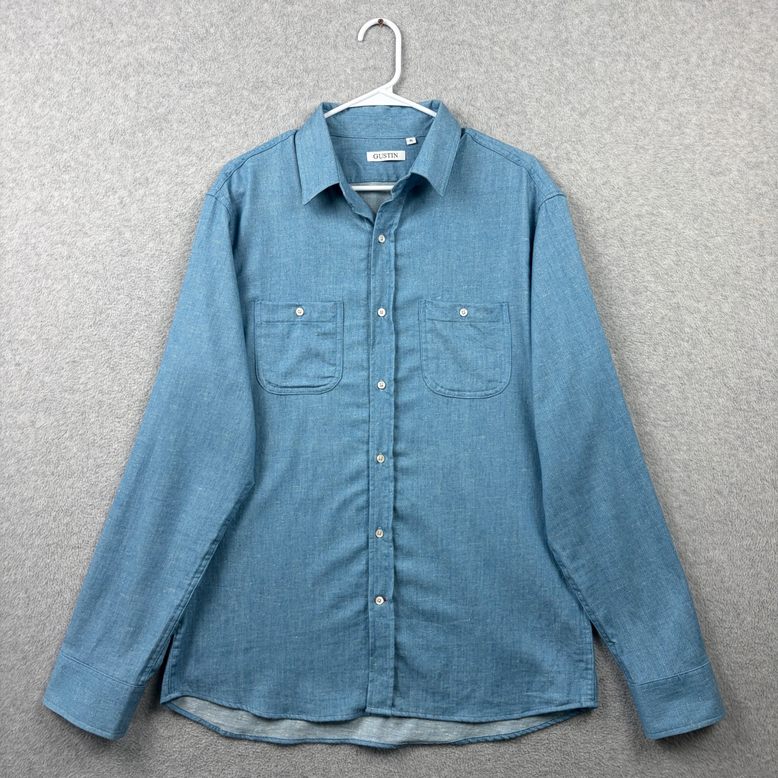 Gustin Shirt Mens XL Sky Blue Nep Denim Twill Workwear Button Up Made In USA