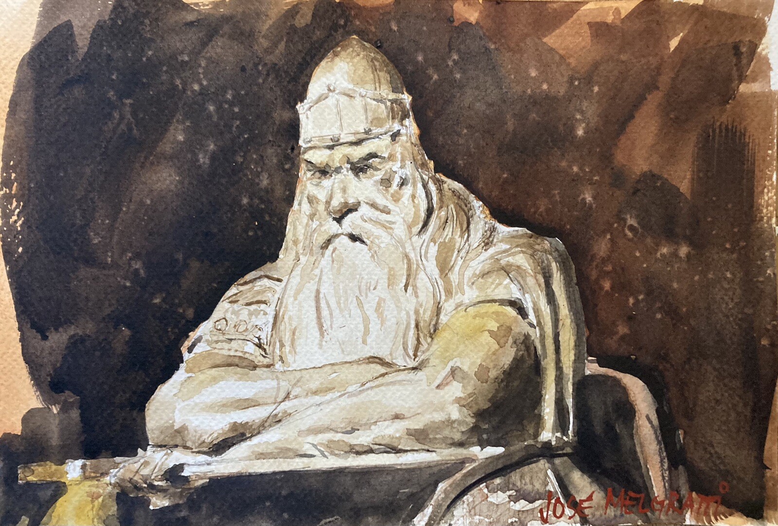 ORIGINAL Small Watercolor painting  Holger Danske 7.1/2\