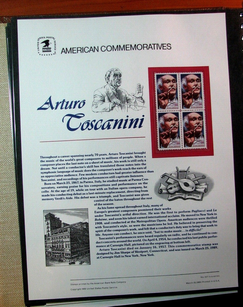 US Commemorative Panel Scott# 2411 Arturo Toscanini 1989 H257