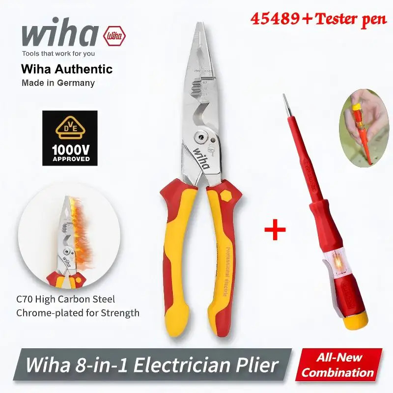 Pince d\'électricien isolée Wiha 45489 8-en-1 VDE 1000V, dénudeur de fils, pince 