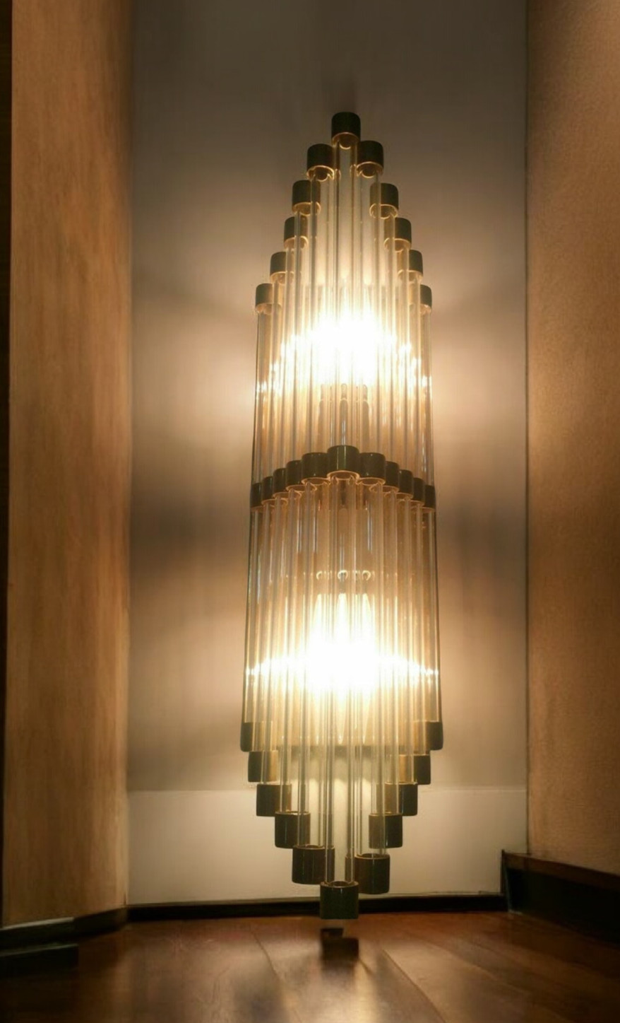 1 PC VINTAGE ART DECO GLASS ROD & BRASS FITTING WALL SCONCE SKYCRAPER LIGHT #G18