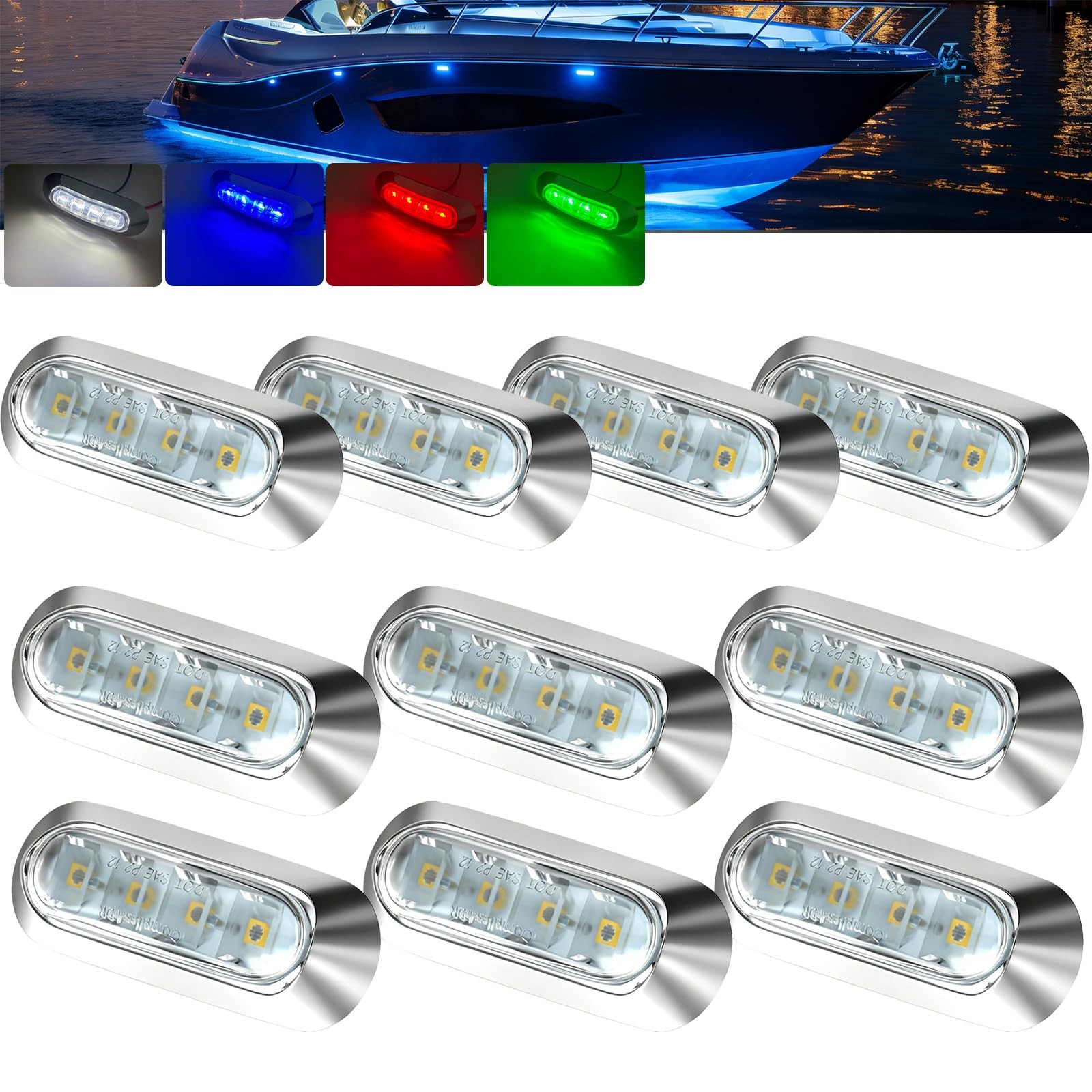 PSEQT 10Pcs 4LED RGBW Boat Courtesy Pack of 10, White & Blue & Red & Green PSEQT 10Pcs 4LED RGBW Boat Courtesy Pack of 10, White & Blue & Red & Green