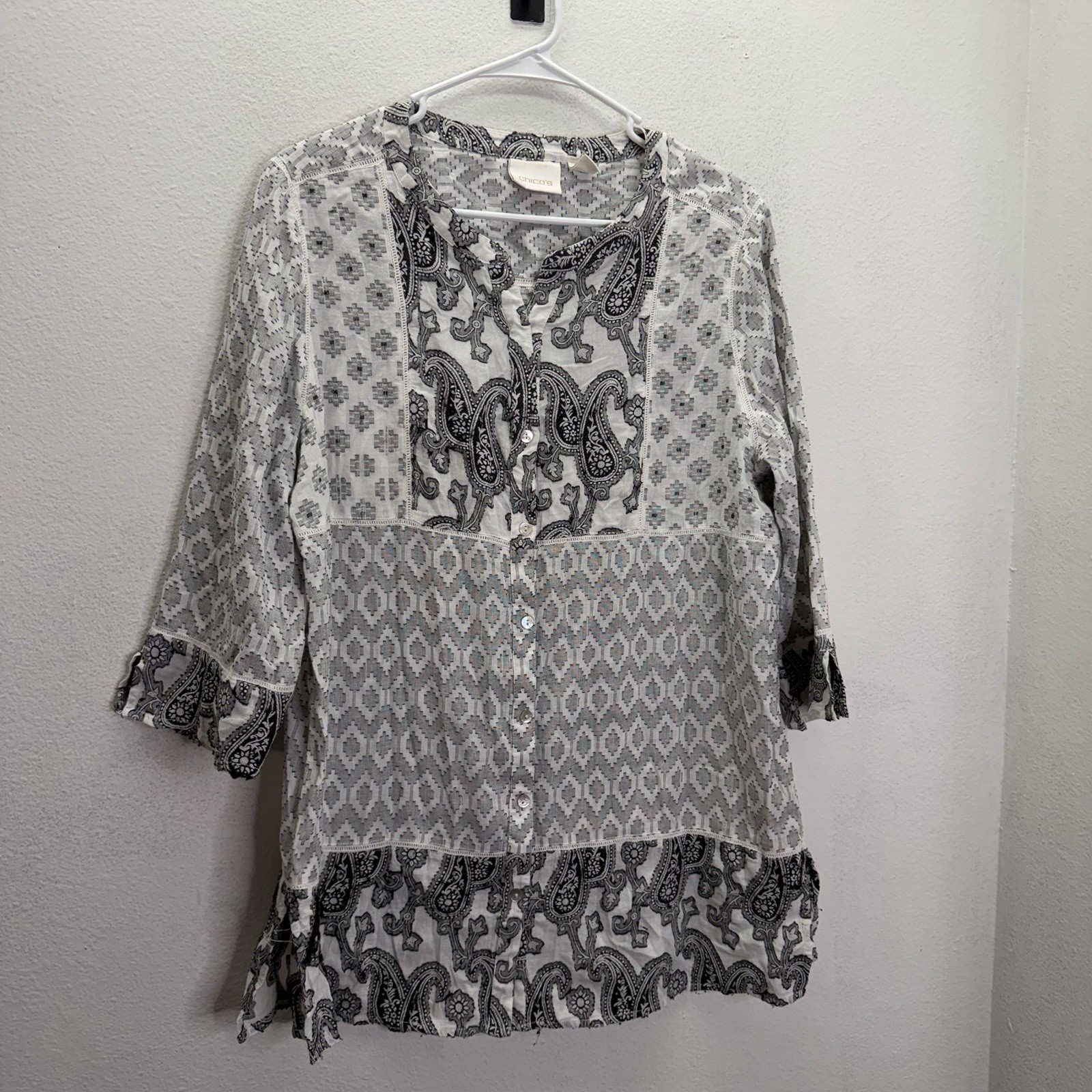 Chico\'s Button Up Tunic Top Sz 2 / L Paisley Boho Indie Mixed Media Lightweight