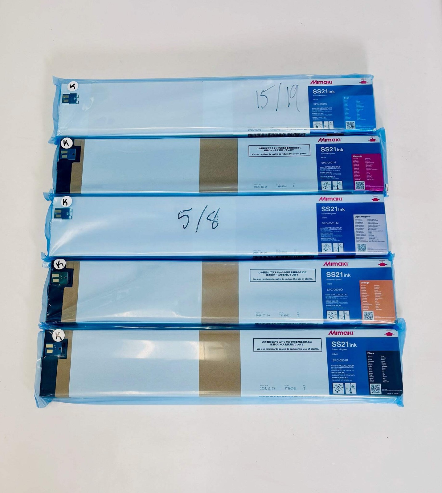 5 OEM Mimaki SS21, JV33 Cyan,Mag,Lt Mag,Orange & Black Ink SPC-0501 (2025-26)