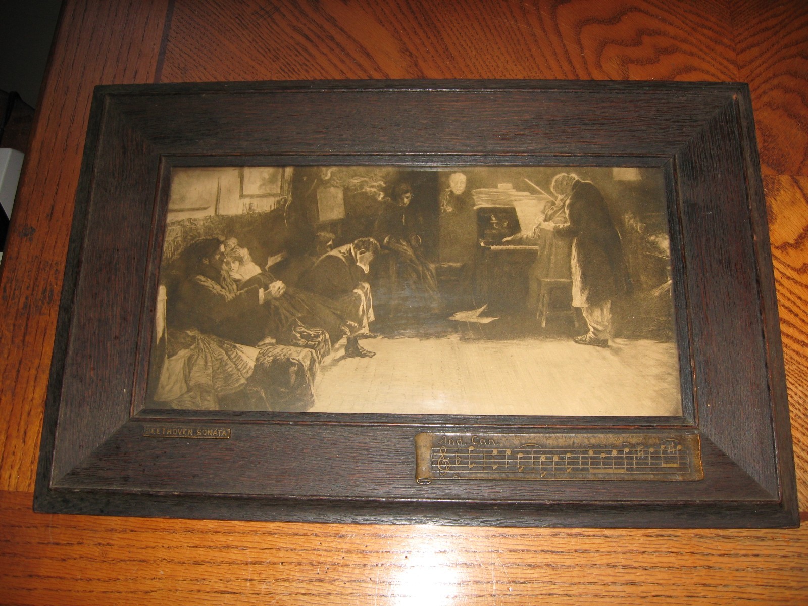 Antique Circa 1920s Beethoven Sonata Art Print In Arts & Crafts Oak Frame