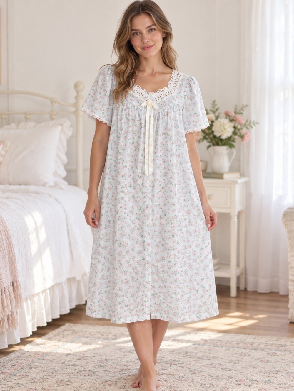 Jenny Buchanan Floral Nightgown Small Lace Trim Cottagecore Prairie