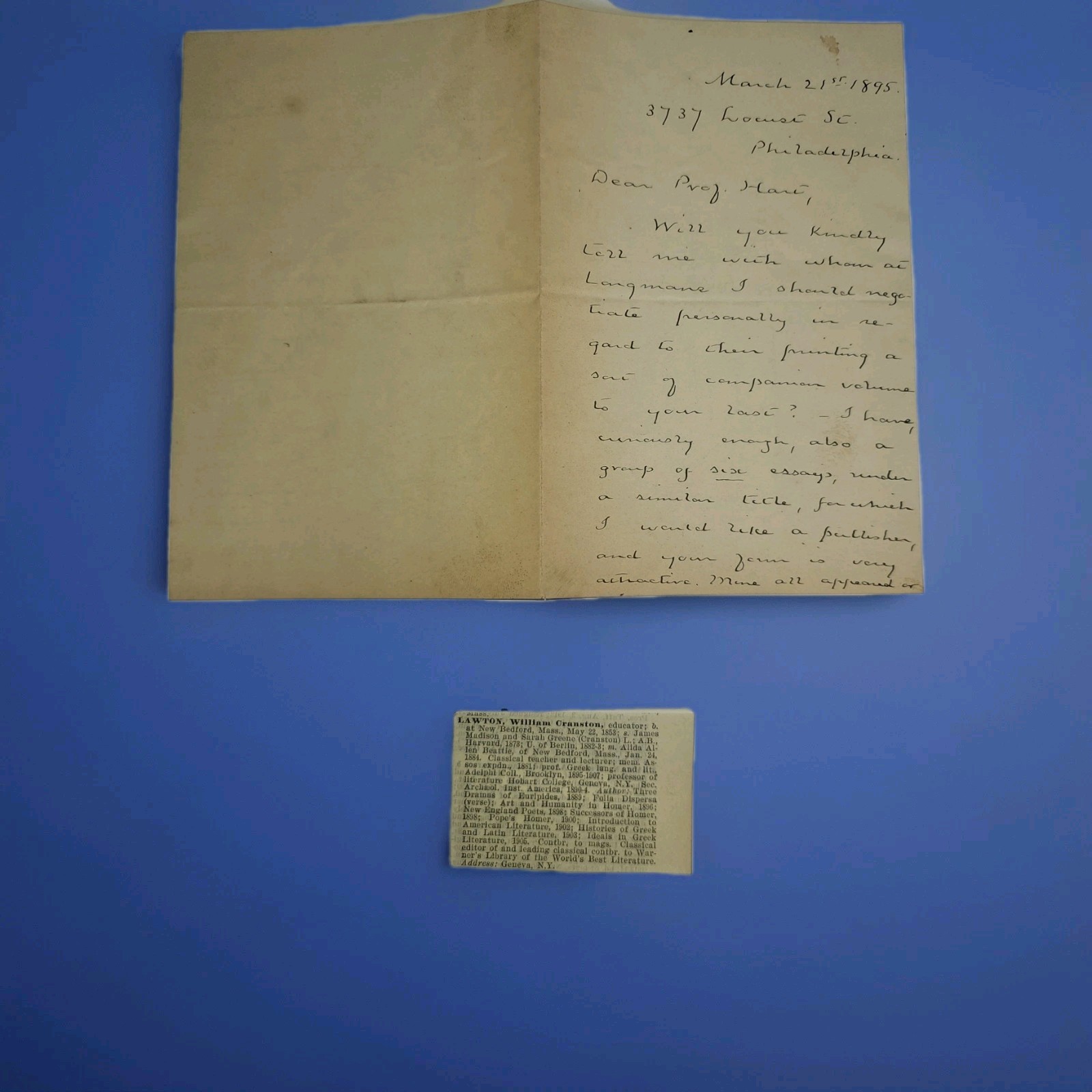 1895 ALS William C. Lawton to A.B. Hart re Longmans Publishing Essays