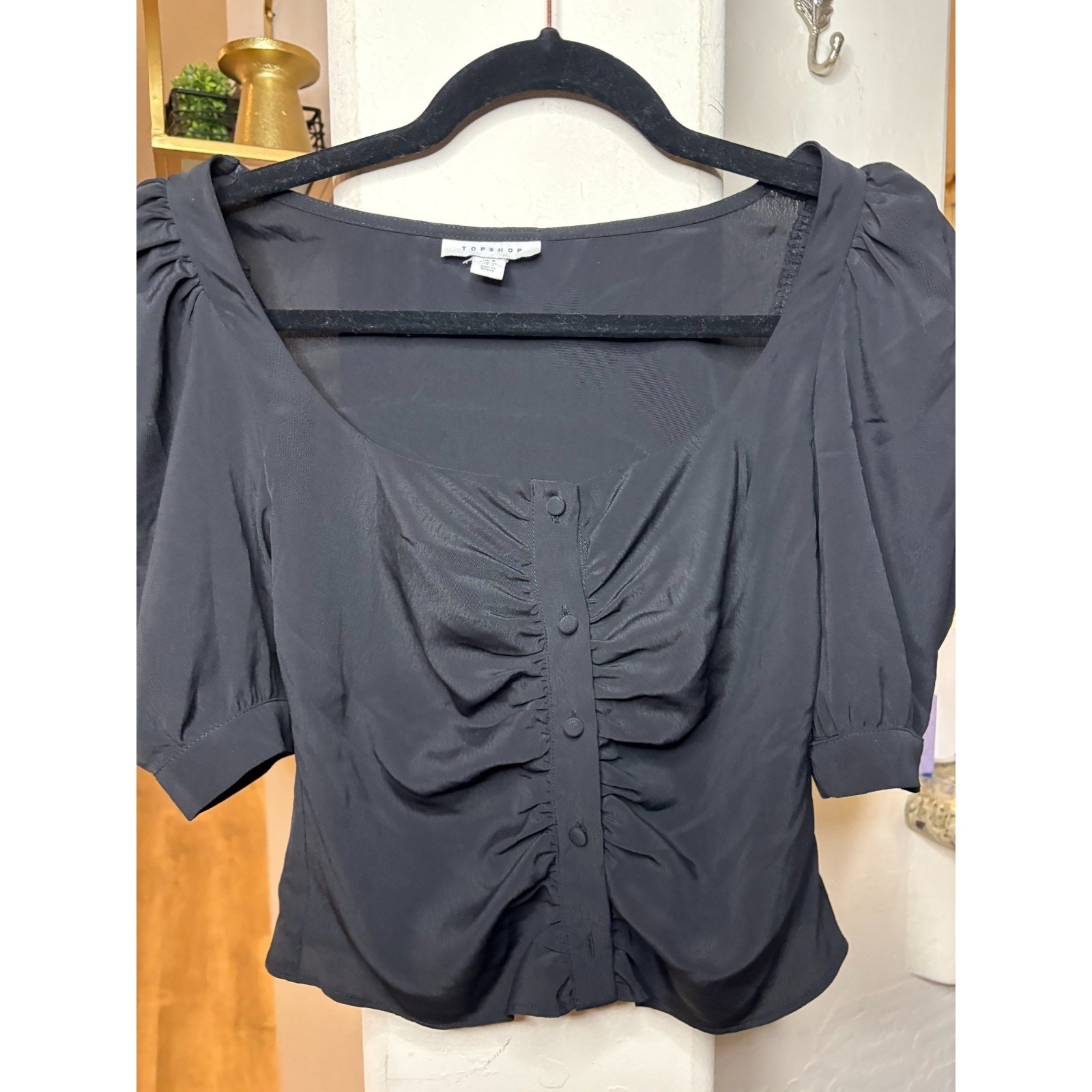 TOPSHOP Women\'s Black Puff Sleeve Ruched Button - Front Top Size 4 TOPSHOP Women\'s Black Puff Sleeve Ruched Button - Front Top Size 4